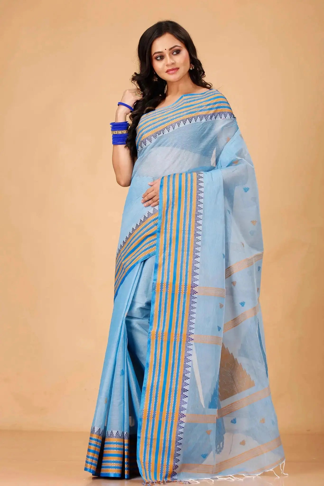Carolina Blue- Pure Cotton Bengal Handloom Saree With Orange Striped Border