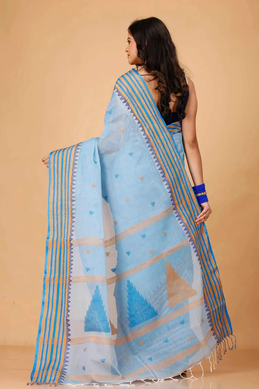 Carolina Blue- Pure Cotton Bengal Handloom Saree With Orange Striped Border
