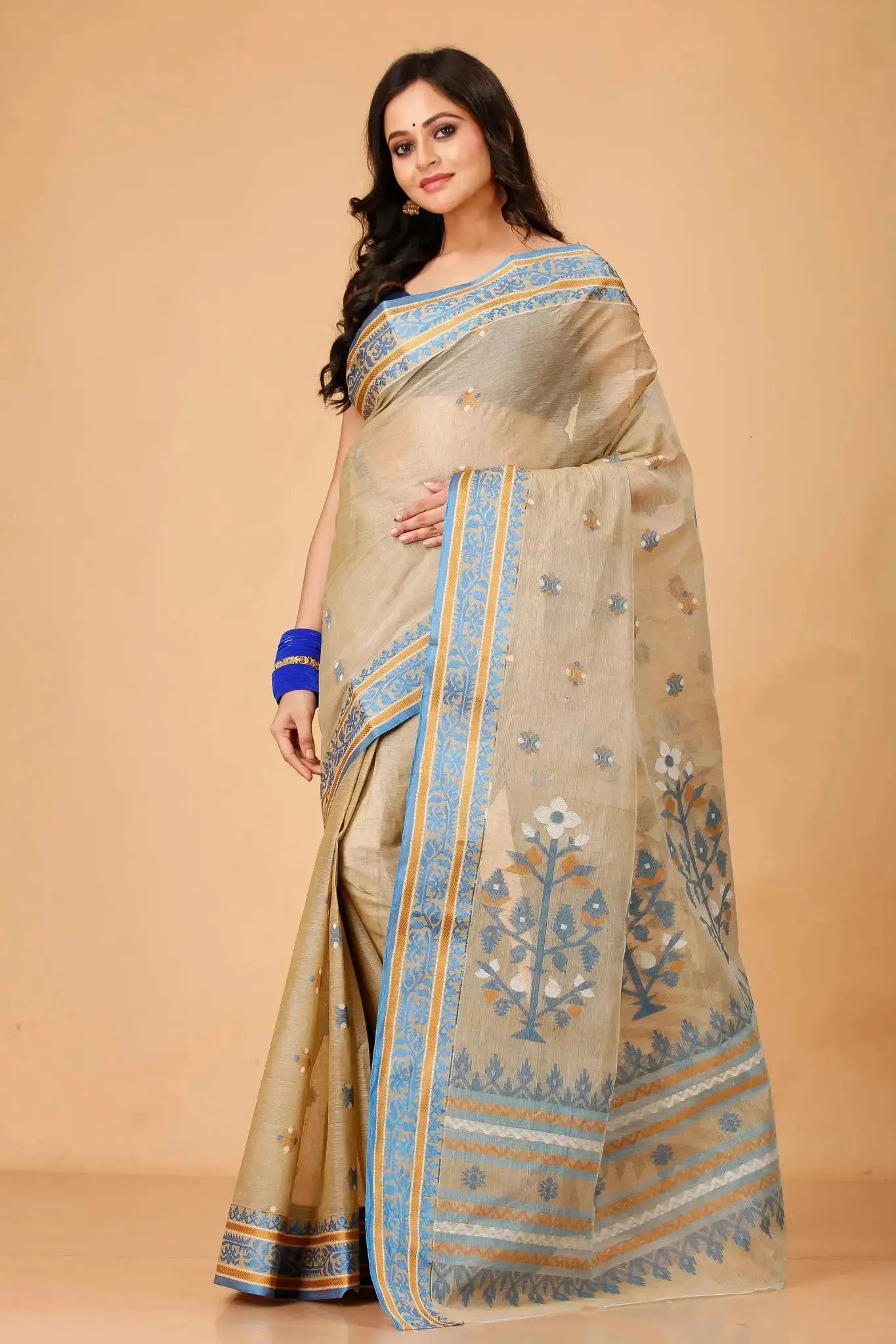 Beige- Pure Cotton Bengal Handloom Floral Motifs & Rich Woven Pallu Saree