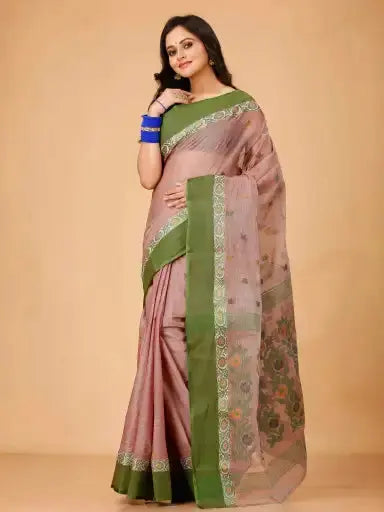 Brandy Rose- Pure Cotton Bengal Handloom Traditional Saree With Contrasting Border