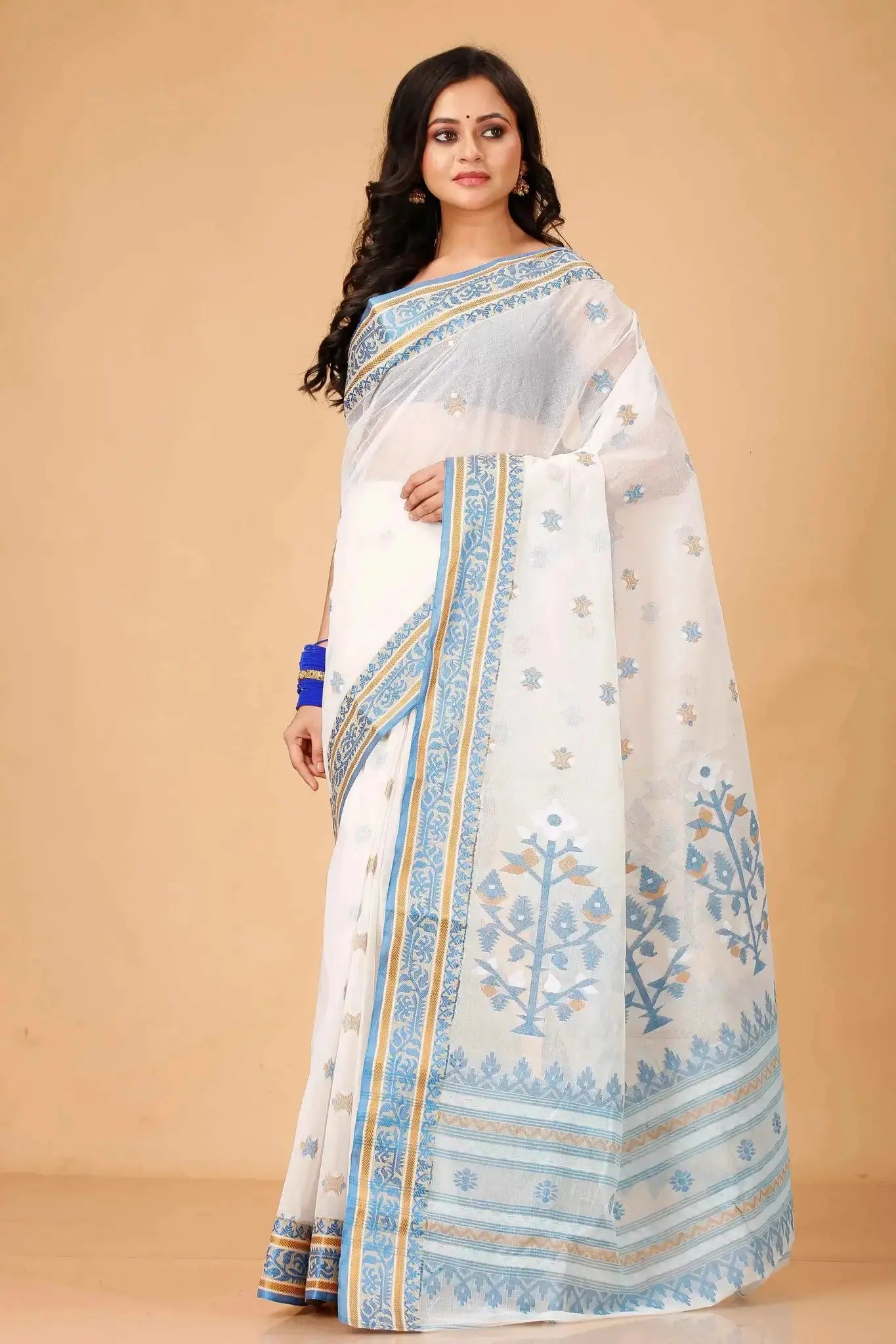 White Blue- Pure Cotton Bengal Handloom Traditional Floral Design With Elegant Pallu