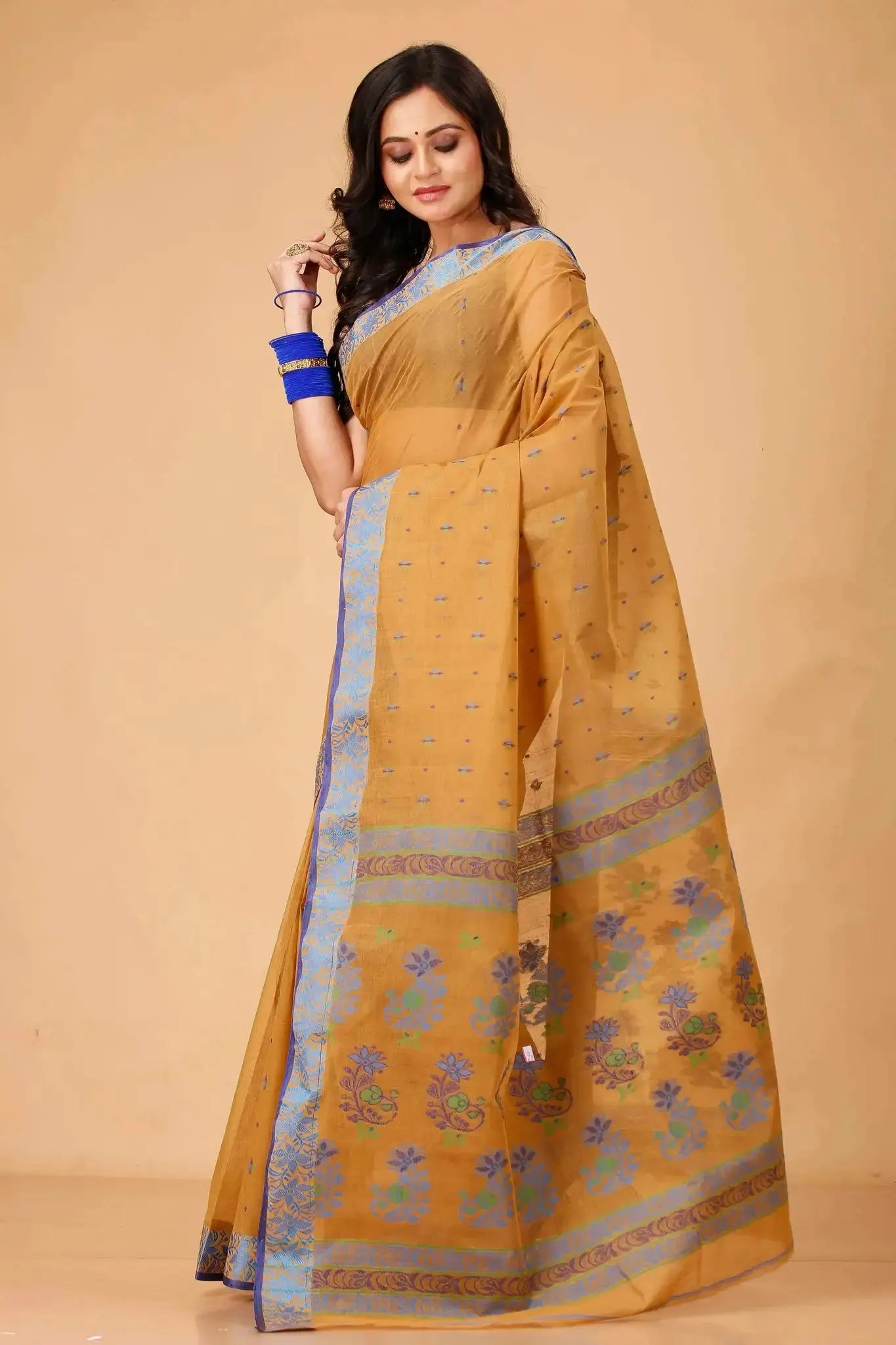 Sandy Brown- Pure Cotton Bengal Handloom Saree With Traditional Block Print Border