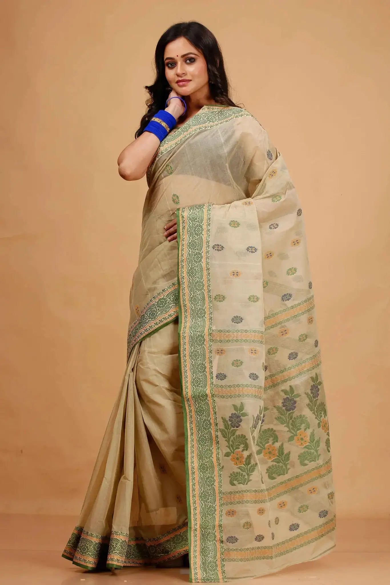 Rose Gold- Pure Cotton Bengal Handloom Saree With Green Border Woven Motifs