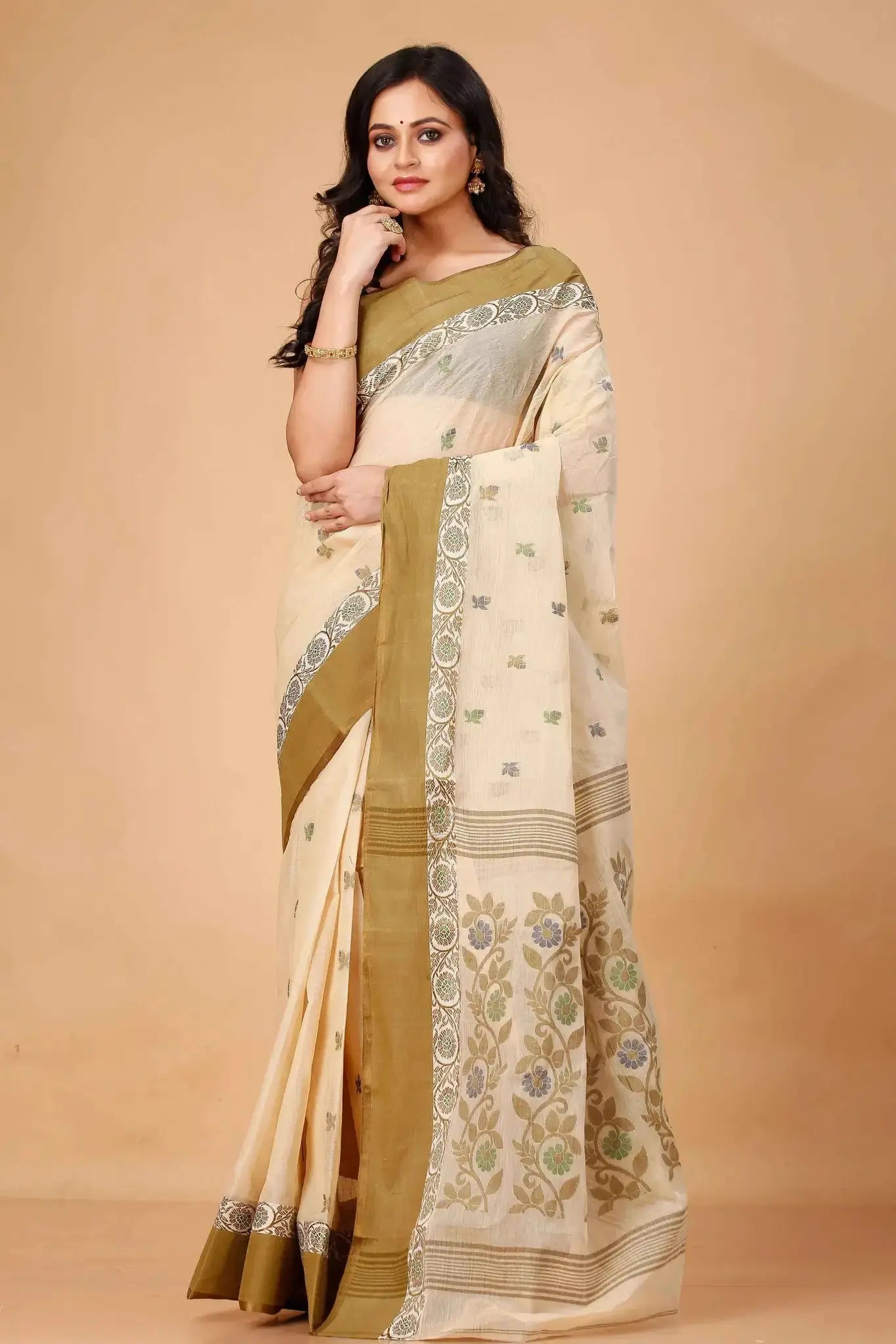 Rose Gold- Pure Cotton Bengal Handloom Traditional Saree With Contrasting Border