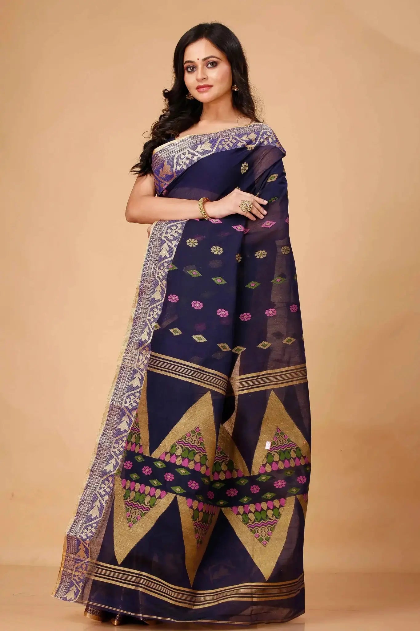 Baltic Sea- Pure Cotton Bengal Handloom Saree With Golden Zari Border Pallu