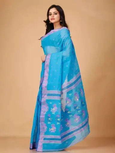 Pacific Blue- Pure Cotton Bengal Handloom Saree With Block Print Border Pallu