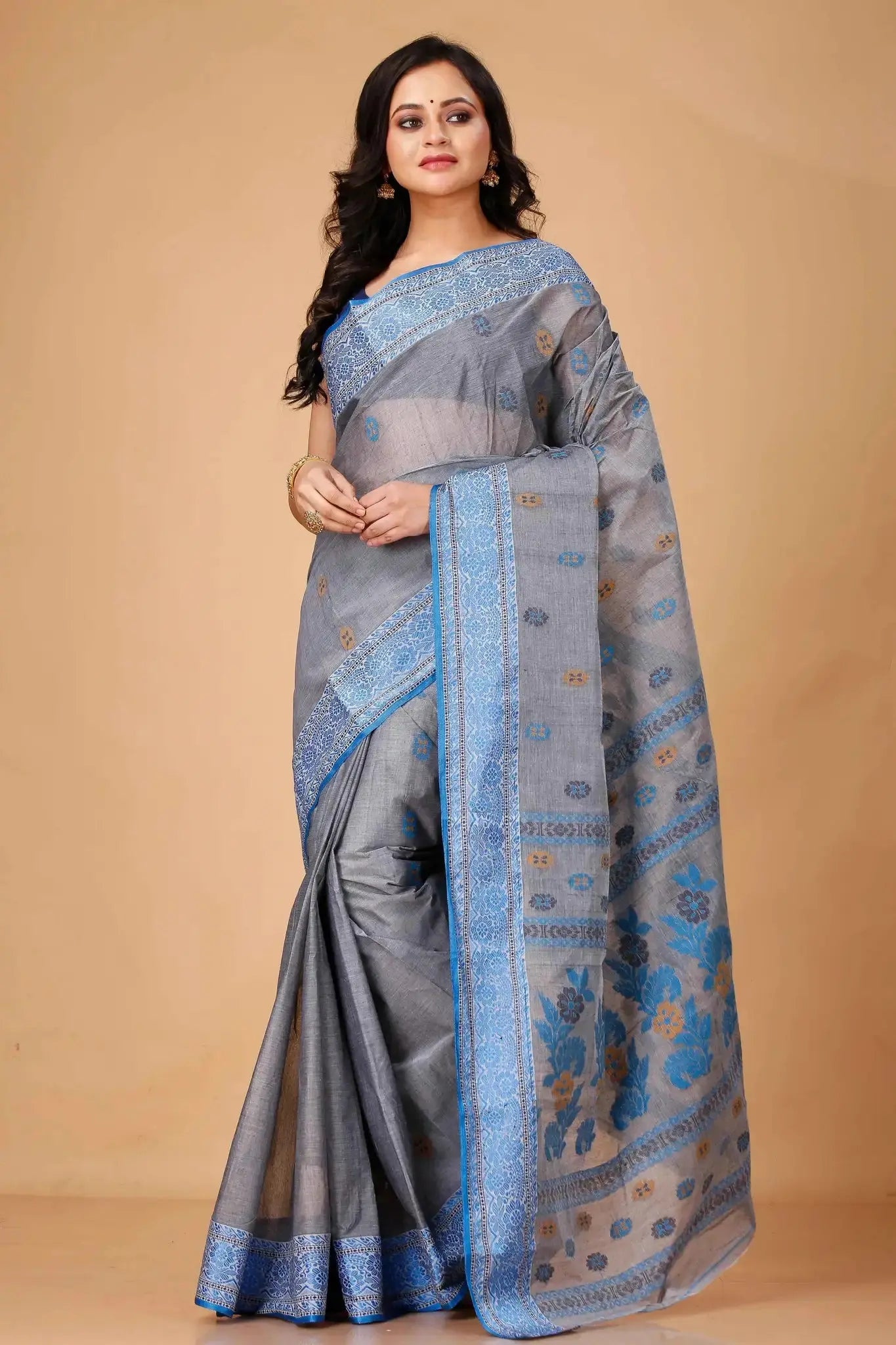 Grey- Pure Cotton Bengal Handloom Saree With Blue Border Floral Patterns
