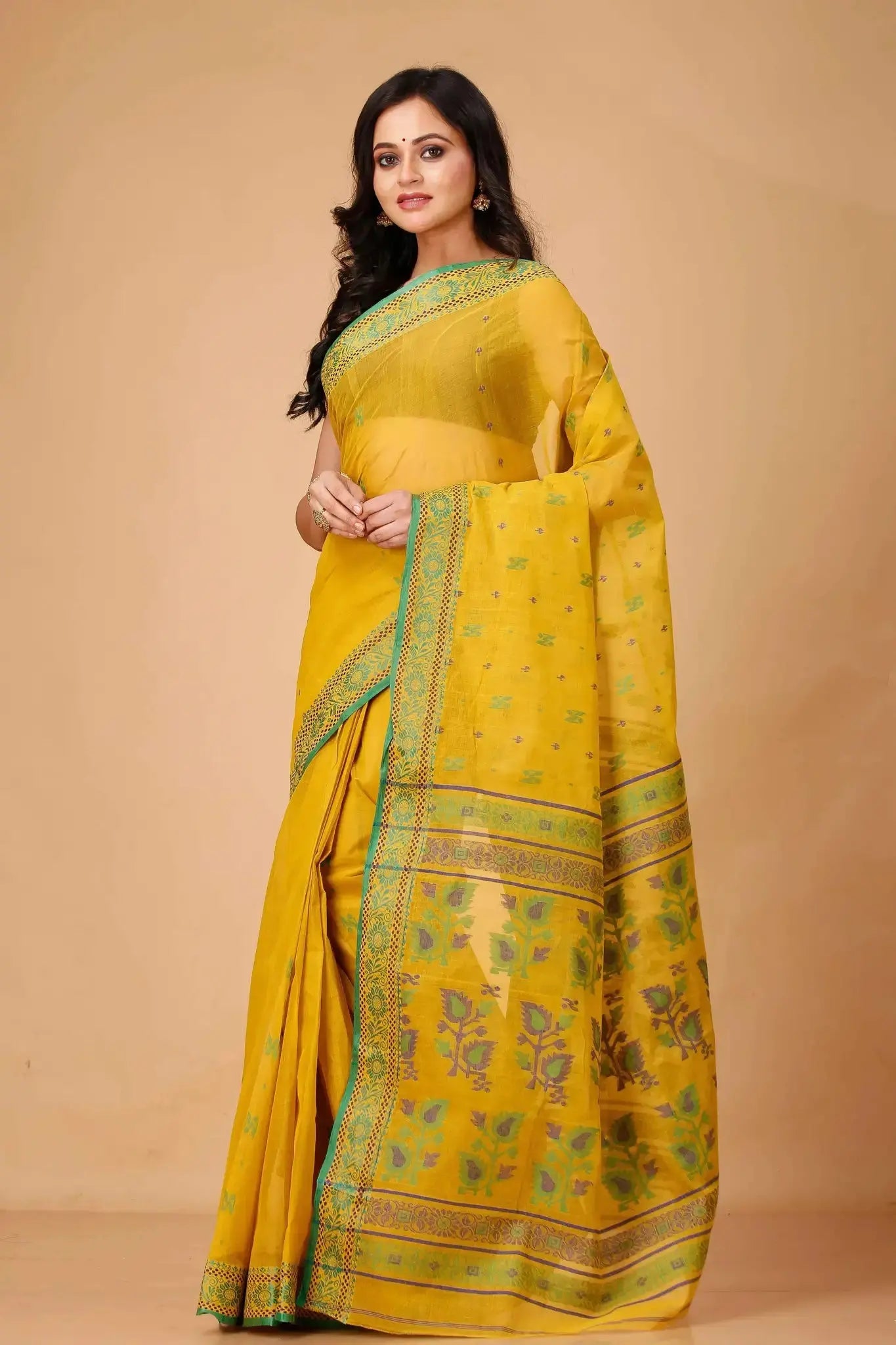 Orange Gold- Pure Cotton Bengal Handloom Saree With Green Floral Pallu