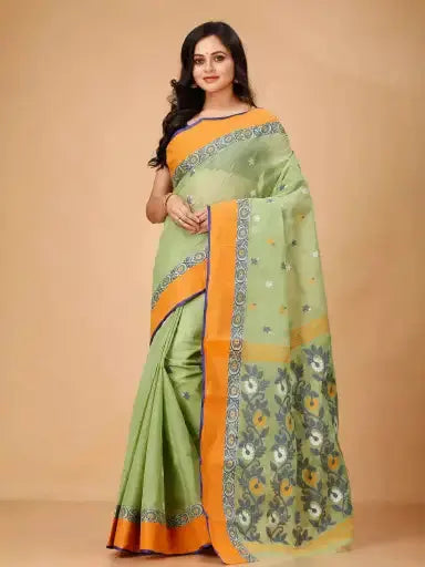 Light Olive- Pure Cotton Bengal Handloom Handwoven Saree With Elegant Border