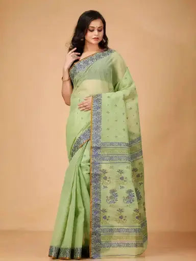 Olive Green- Pure Cotton Bengal Handloom Saree With Handwoven Block Print Border