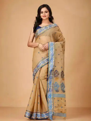 Sandy Brown- Pure Cotton Bengal Handloom Floral Patterns Indian Saree