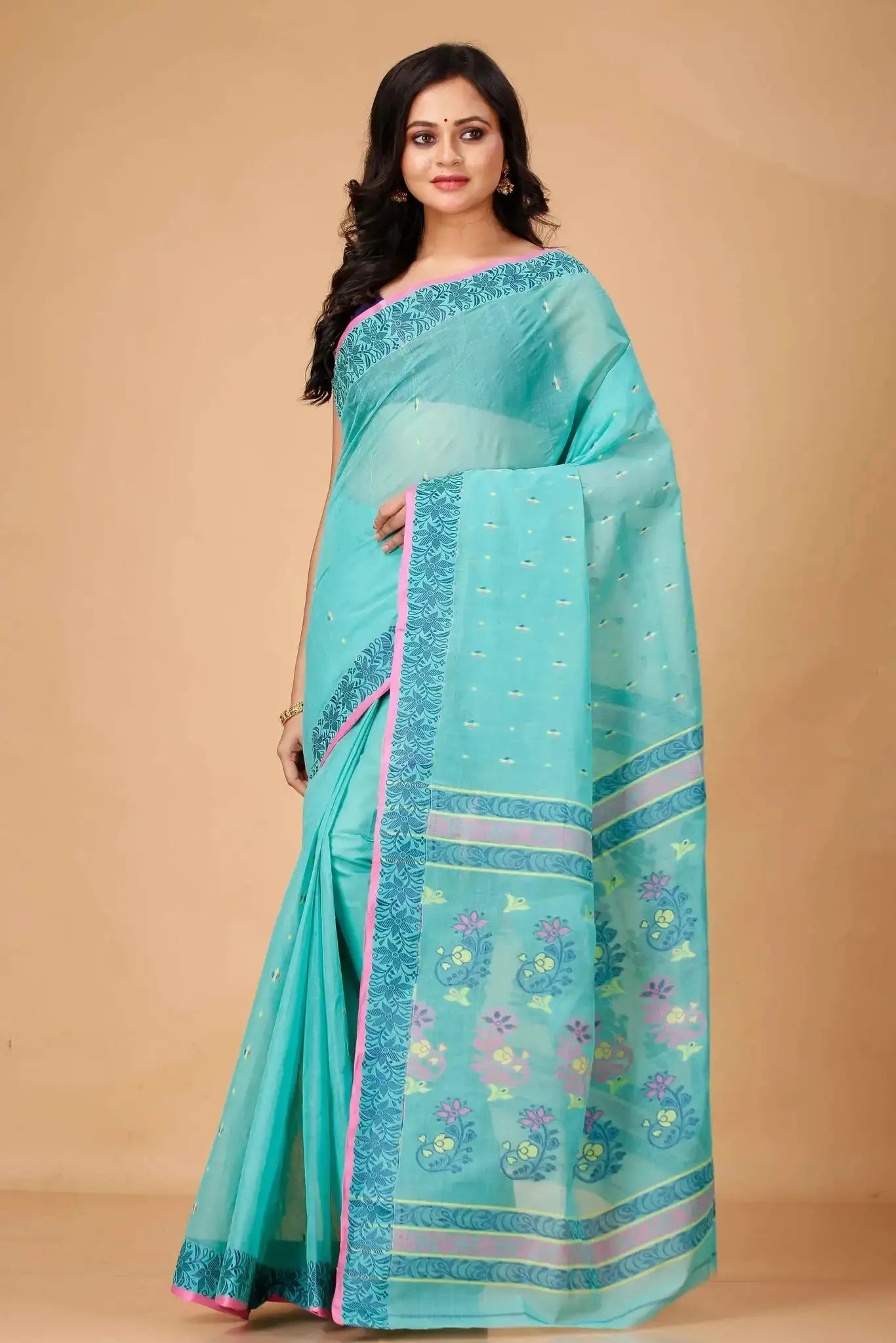 Light Blue- Pure Cotton Bengal Handloom Saree With Traditional Block Print Border