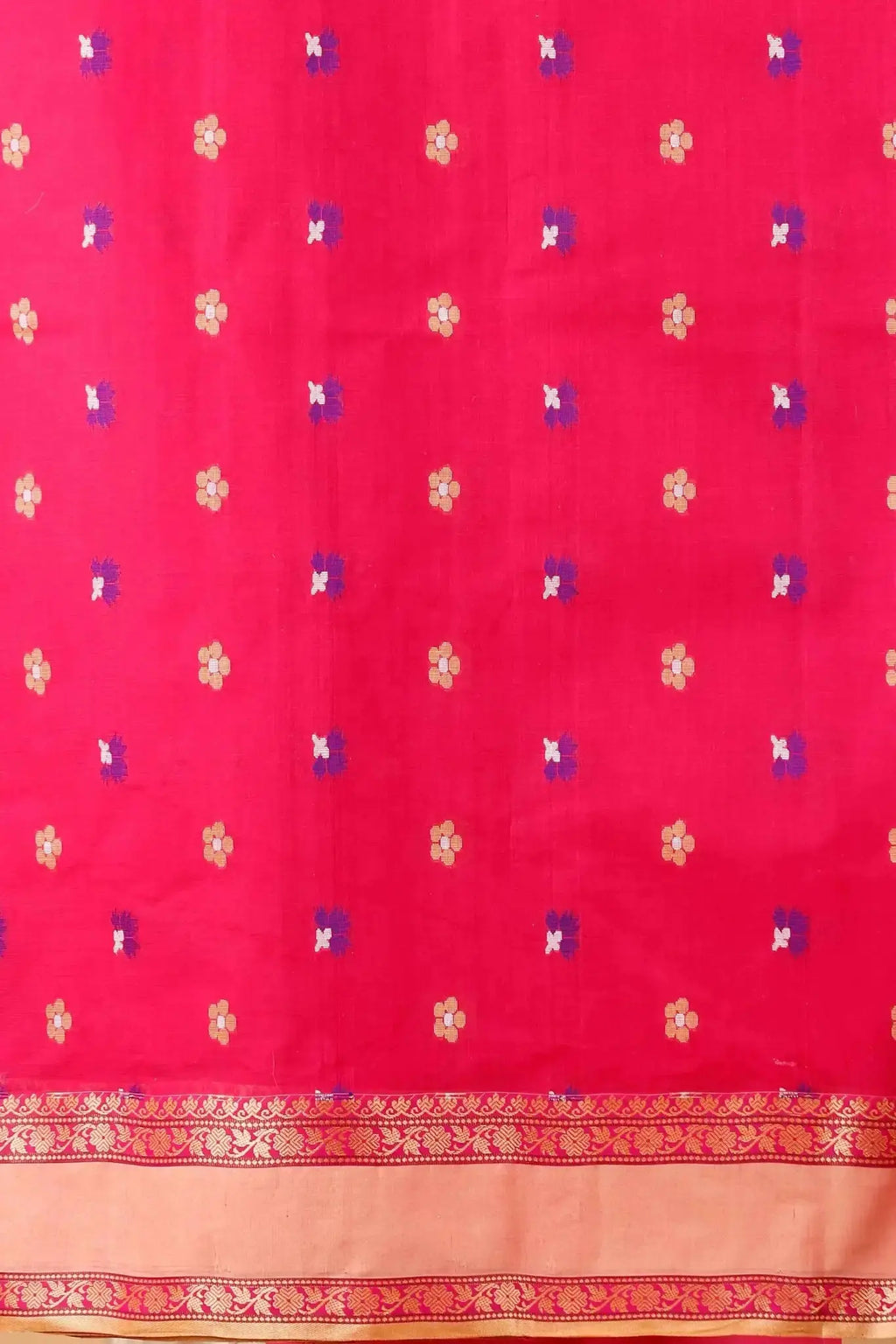 Raspberry- Pure Cotton Bengal Handloom Saree With Hand-Woven Patterns Beige Border