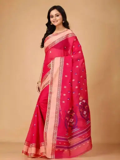 Raspberry- Pure Cotton Bengal Handloom Saree With Hand-Woven Patterns Beige Border