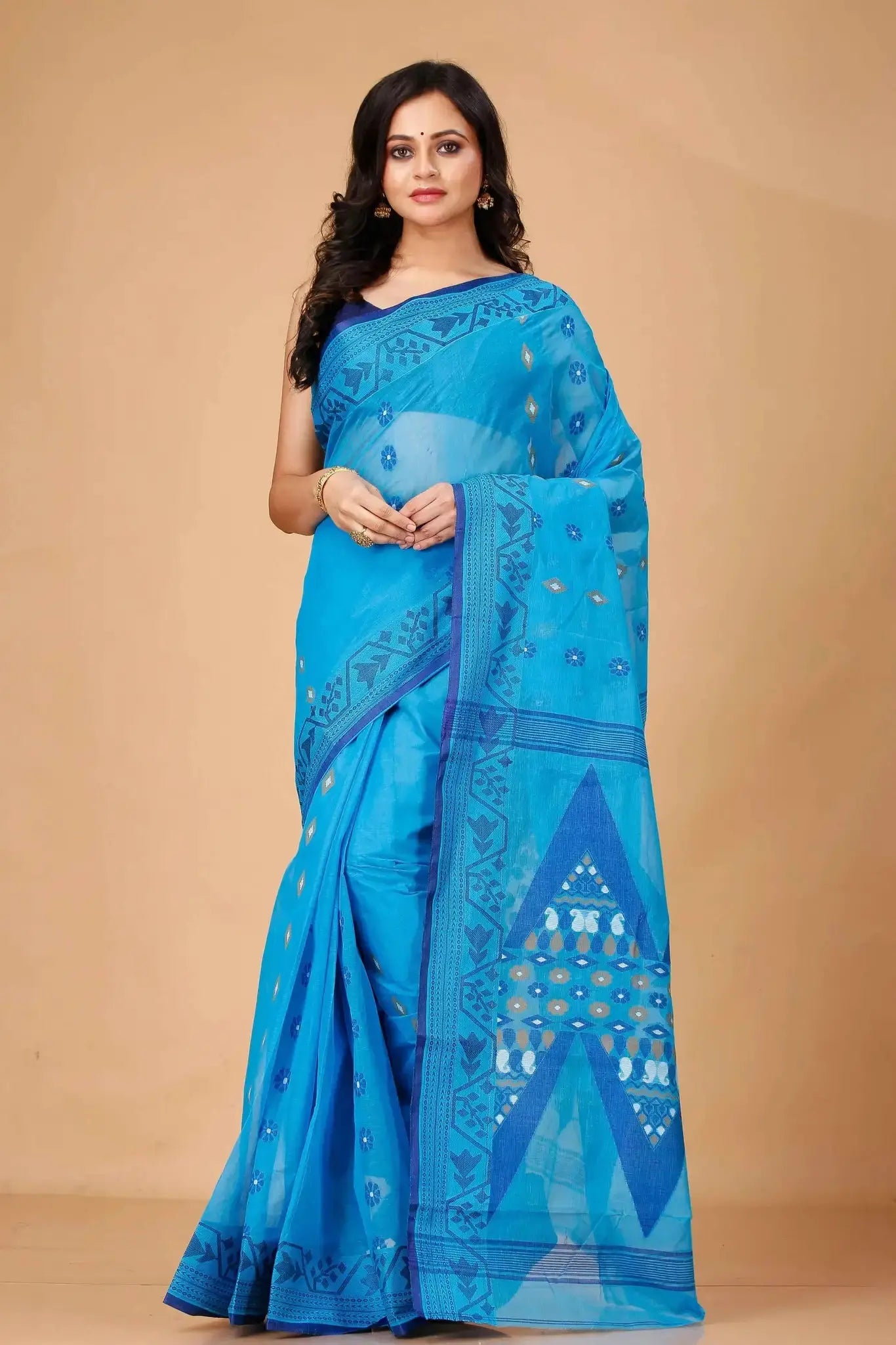 Pacific Blue- Pure Cotton Bengal Handloom Saree With Zari Border & Floral Pallu