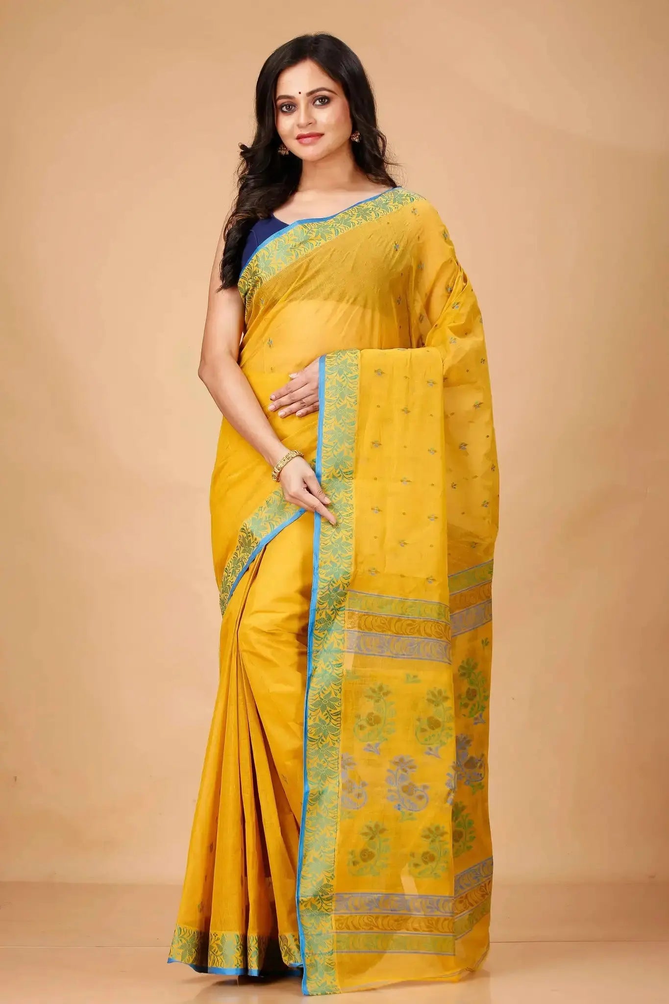 Yellowish Orange- Traditional Block Print Border Pure Cotton Bengal Handloom Saree