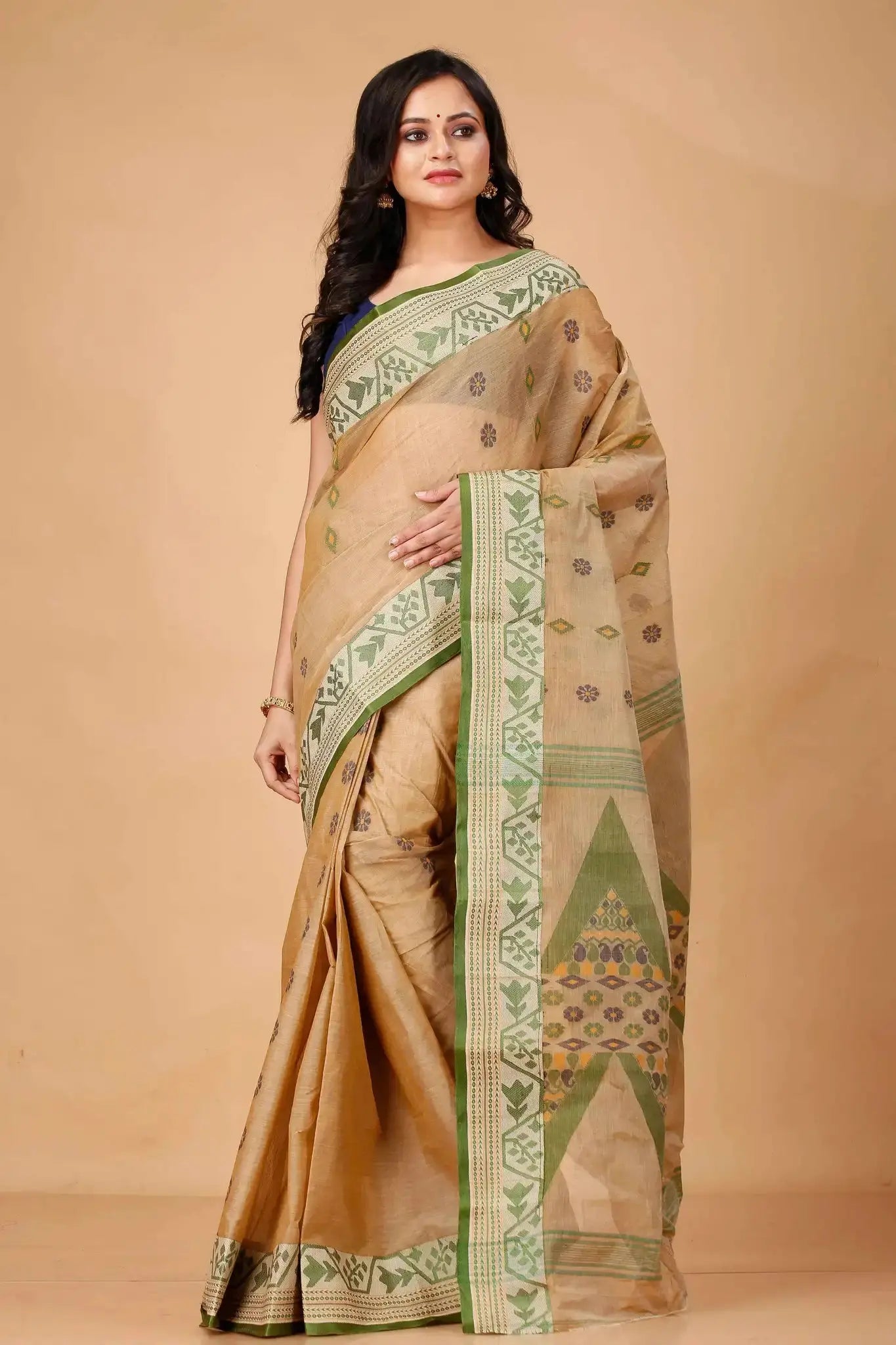 Sand Brown- Pure Cotton Bengal Handloom Saree With Green Zari Border & Floral Pallu
