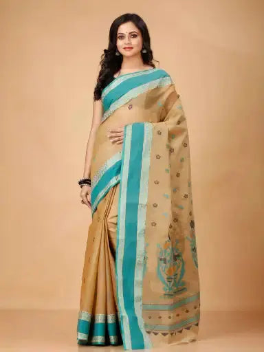 Sand Brown- Pure Cotton Bengal Handloom Saree With Ethnic Embroidery Contrast Border