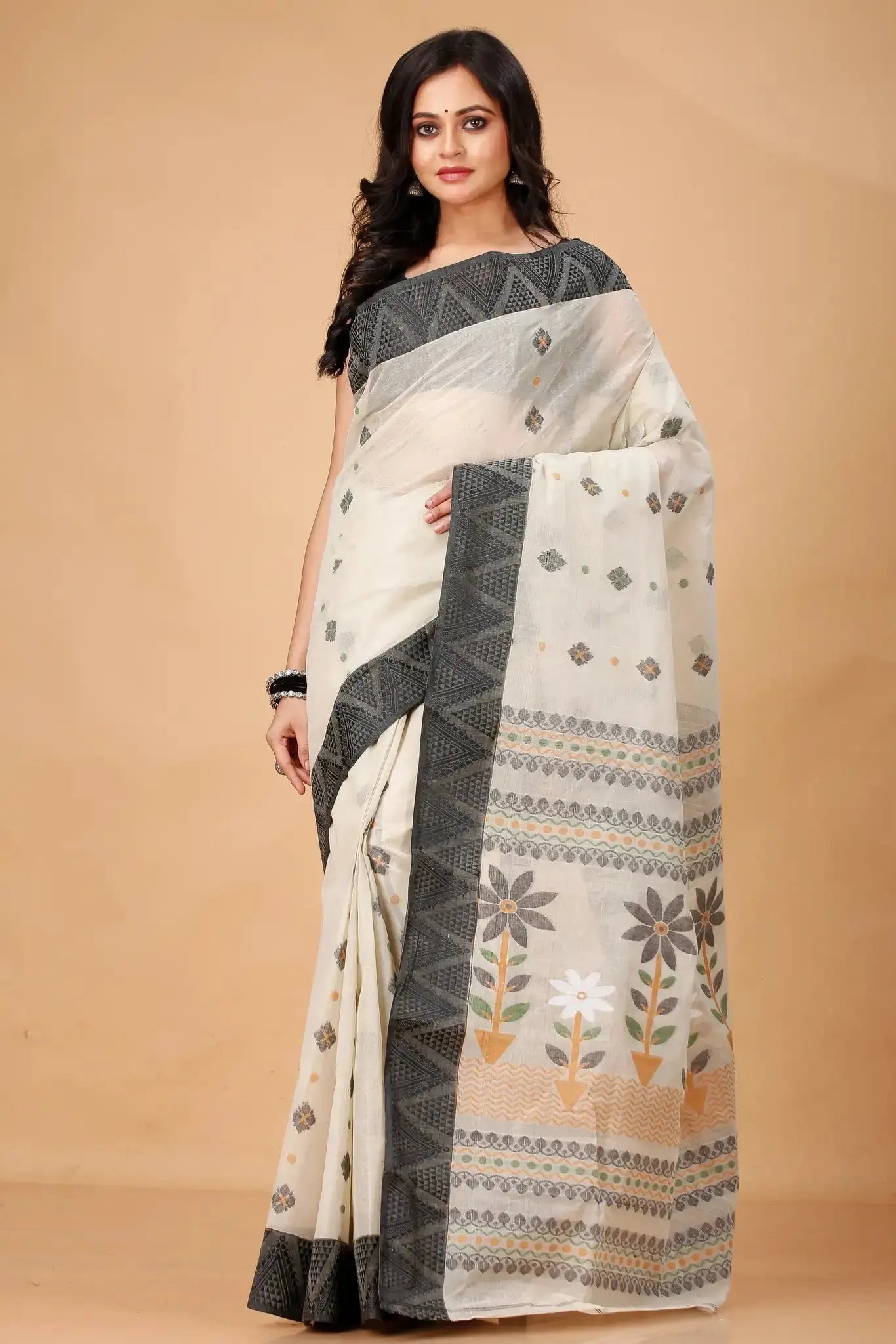 Moon Mist- Pure Cotton Bengal Handloom Saree With Elegant Woven Motifs - Grivana