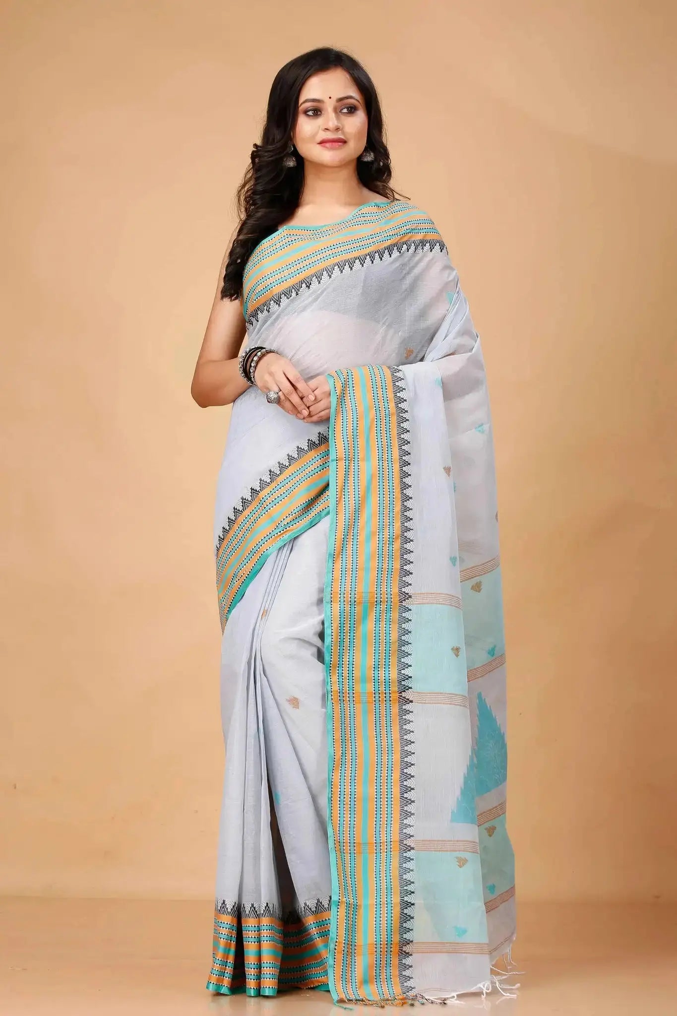 Moon Mist- Pure Cotton Bengal Handloom Saree With Colorful Striped Border