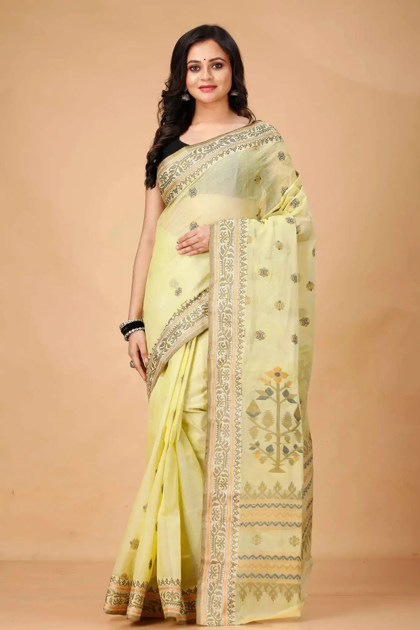 Light Green- Pure Cotton Bengal Handloom Indian Saree With Floral Decorative Pallu