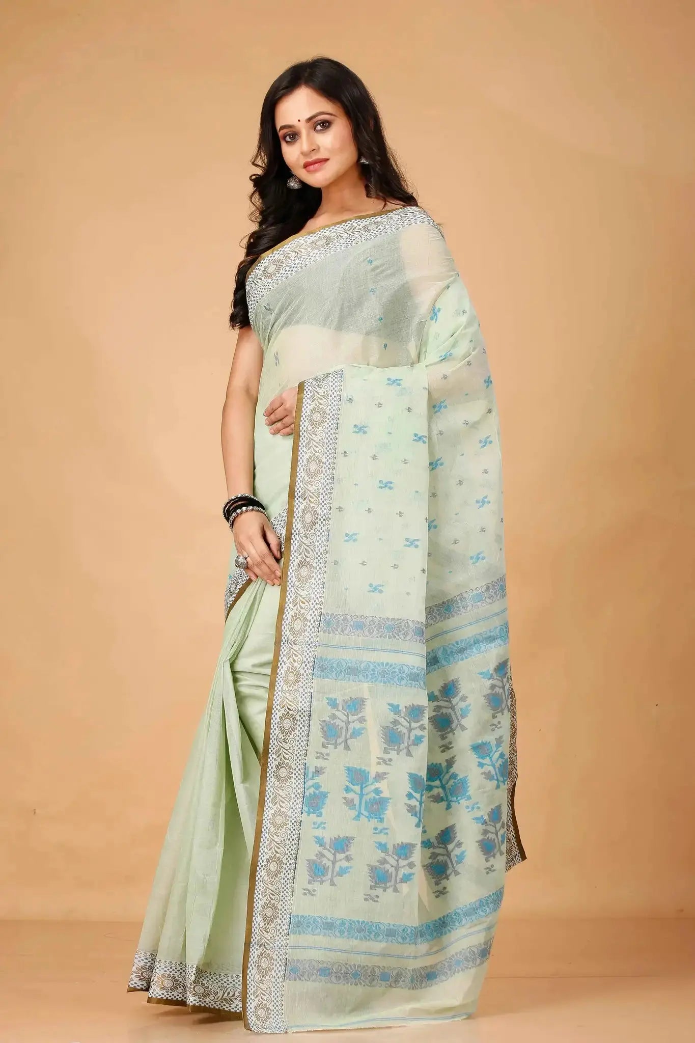 Light Green- Pure Cotton Bengal Handloom Saree With Blue Floral Patterns Pallu