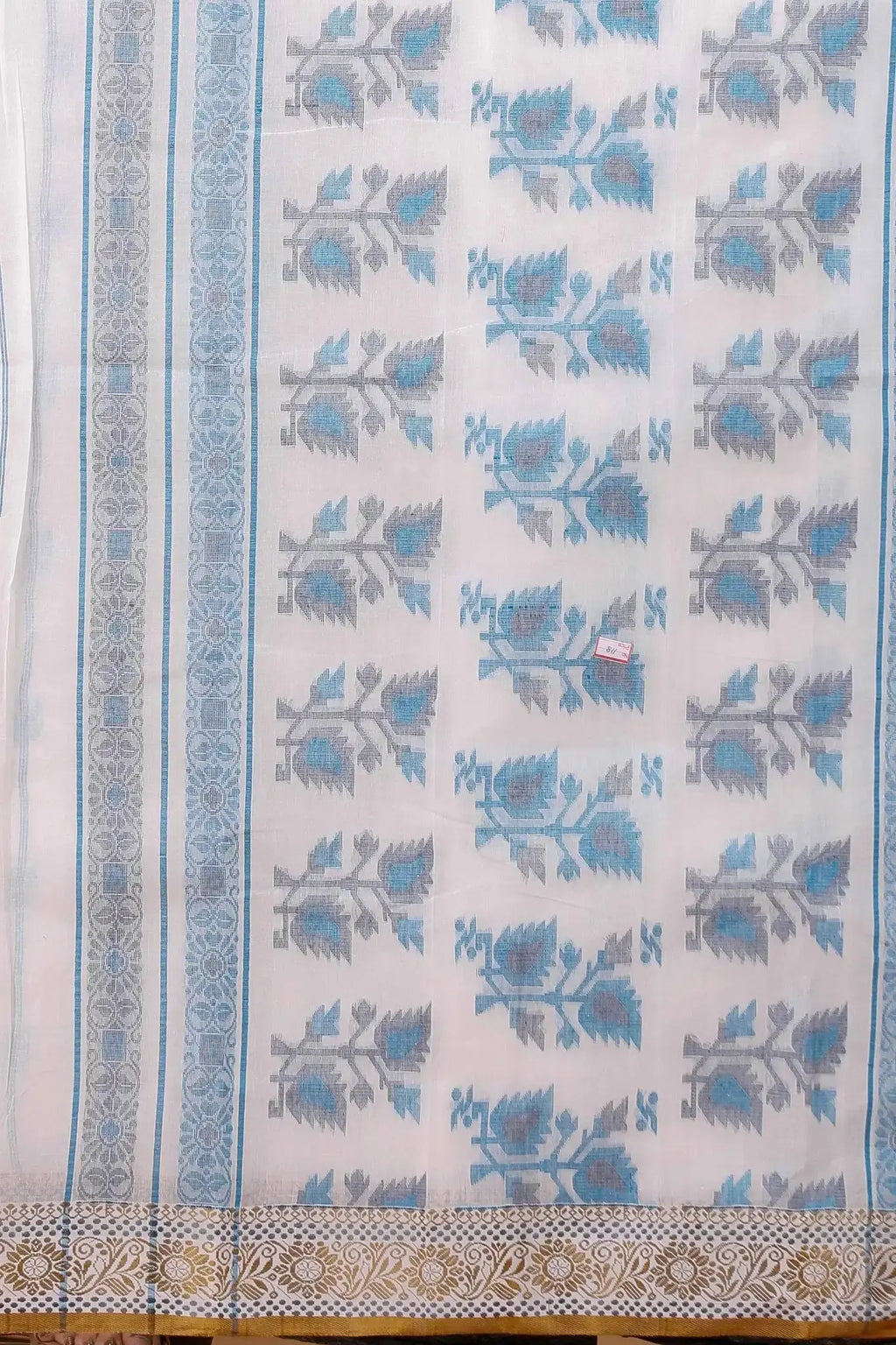 Floral White- Pure Cotton Bengal Handloom Blue Floral Indian Saree
