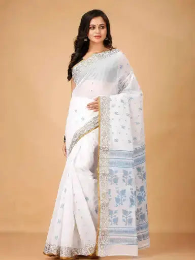 Floral White- Pure Cotton Bengal Handloom Blue Floral Indian Saree