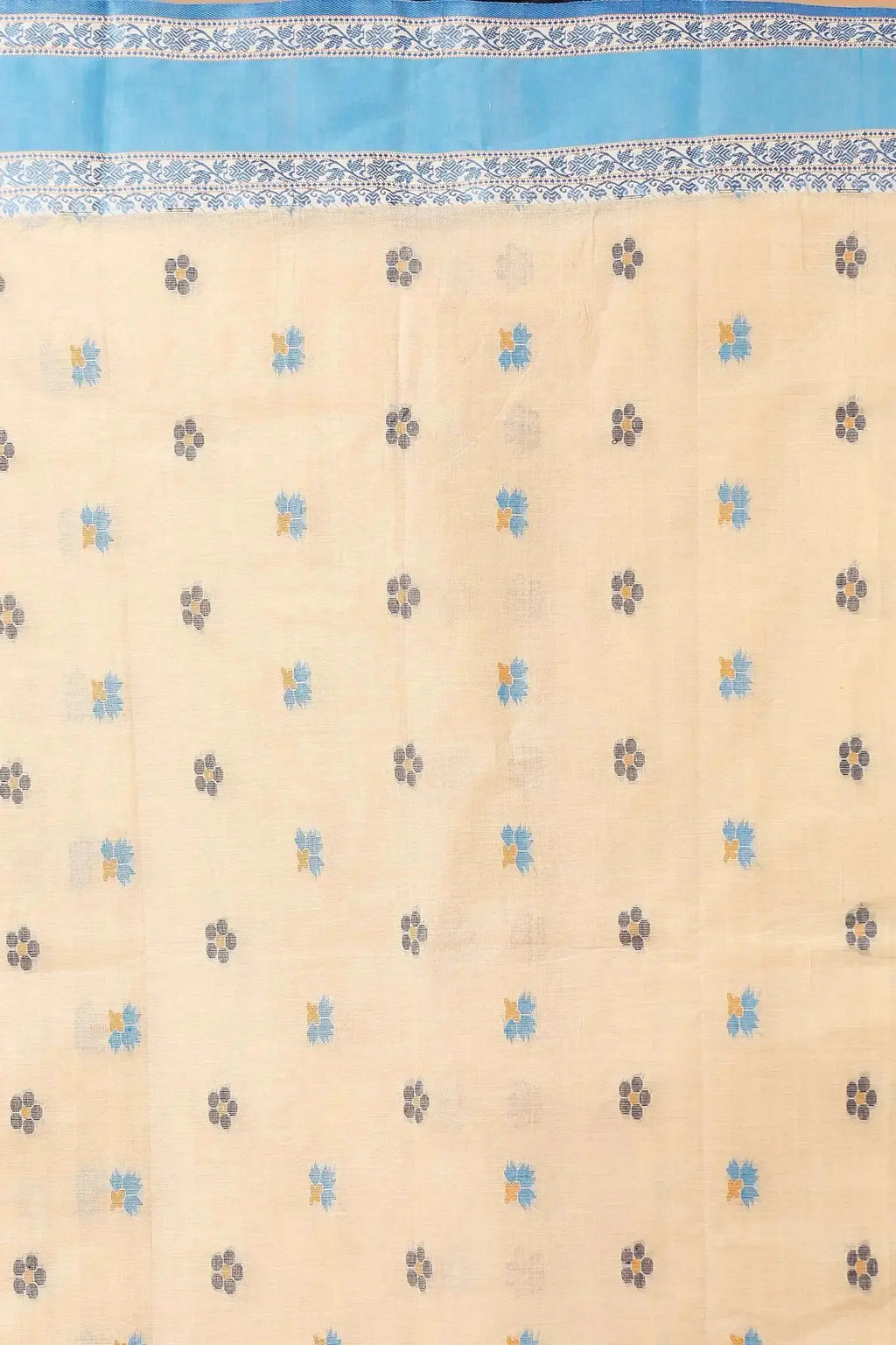 Light Peach- Pure Cotton Bengal Handloom Saree With Traditional Motifs Blue Border