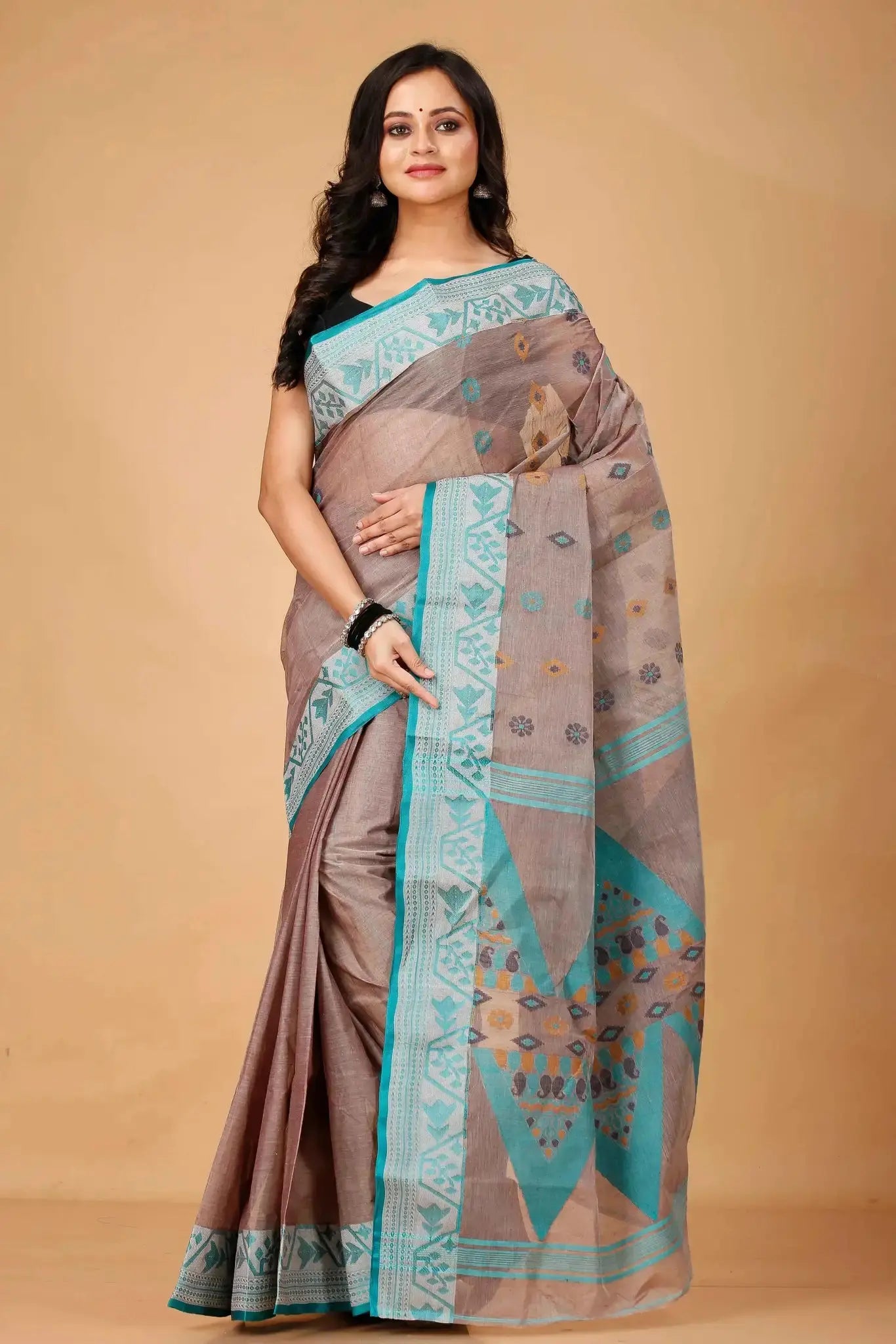 Pinkish Grey- Pure Cotton Bengal Handloom Saree With Turquoise Blue Zari Border Pallu