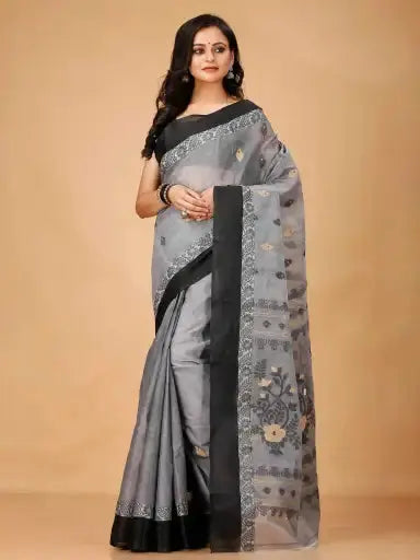 Dusty Grey- Pure Cotton Bengal Handloom Classic Handwoven Saree With Woven Border