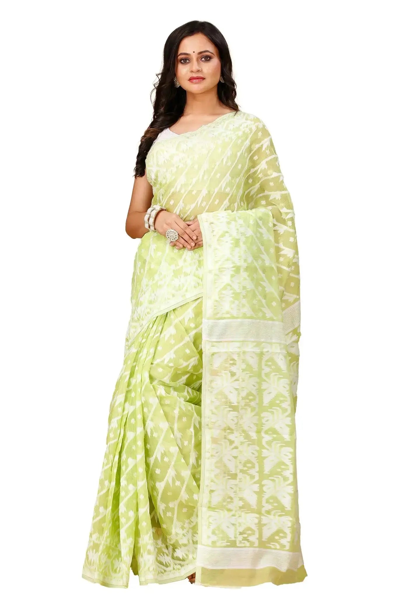Pale Olive- Bengal Handloom Graceful & Handwoven Style Jamdani Pure Cotton Saree