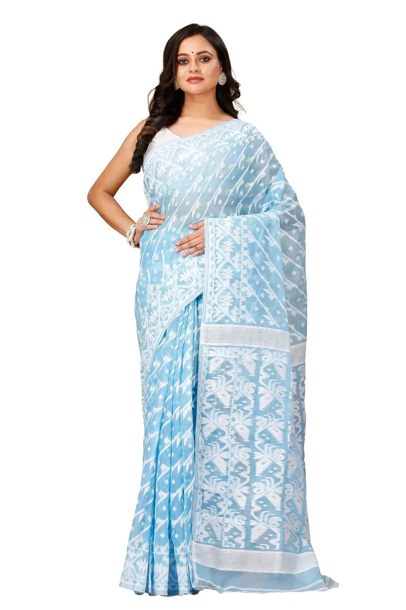 Carolina Blue- Elegant Weave Bengal Handloom Soft Jamdani Cotton Saree
