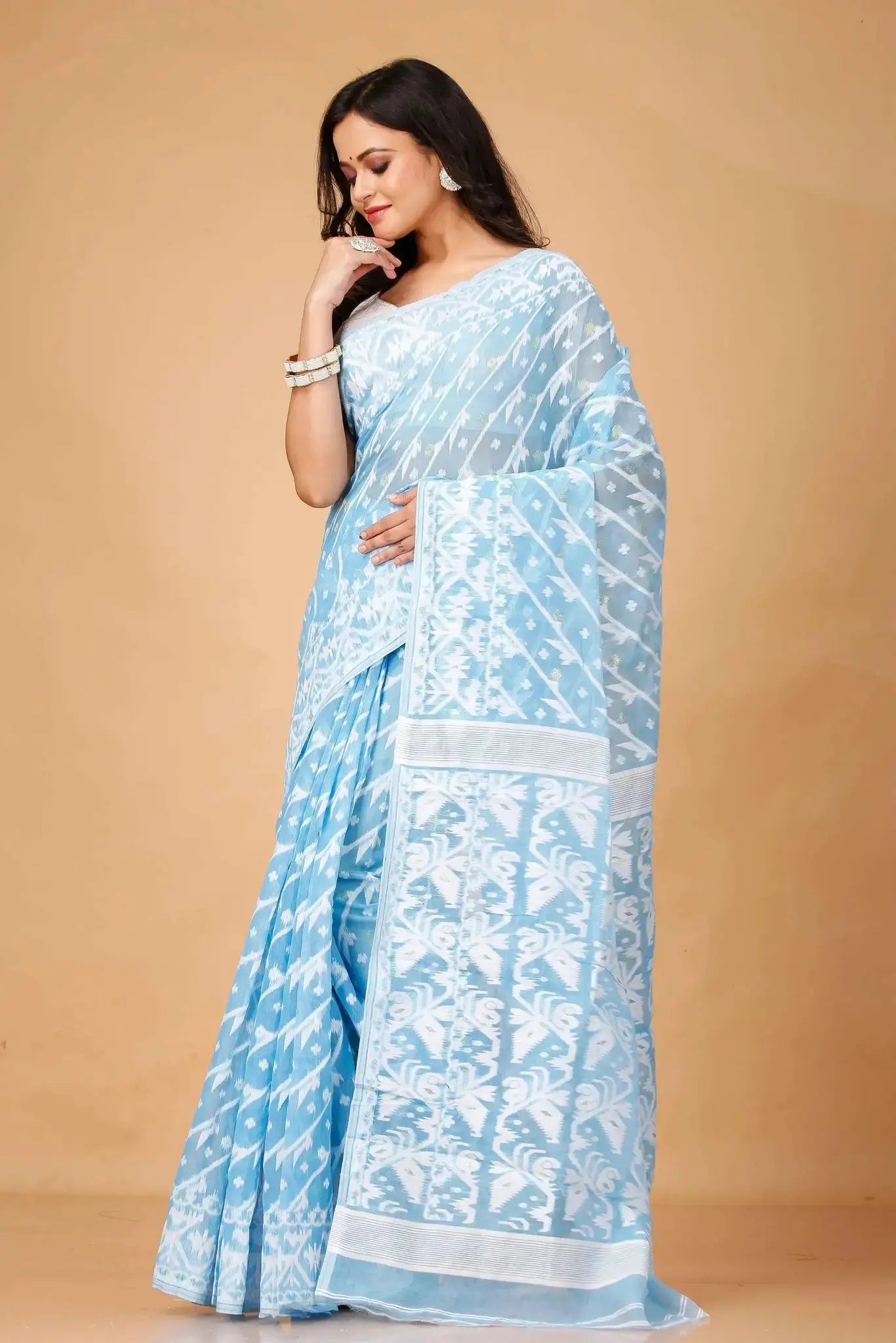 Carolina Blue- Elegant Weave Bengal Handloom Soft Jamdani Cotton Saree
