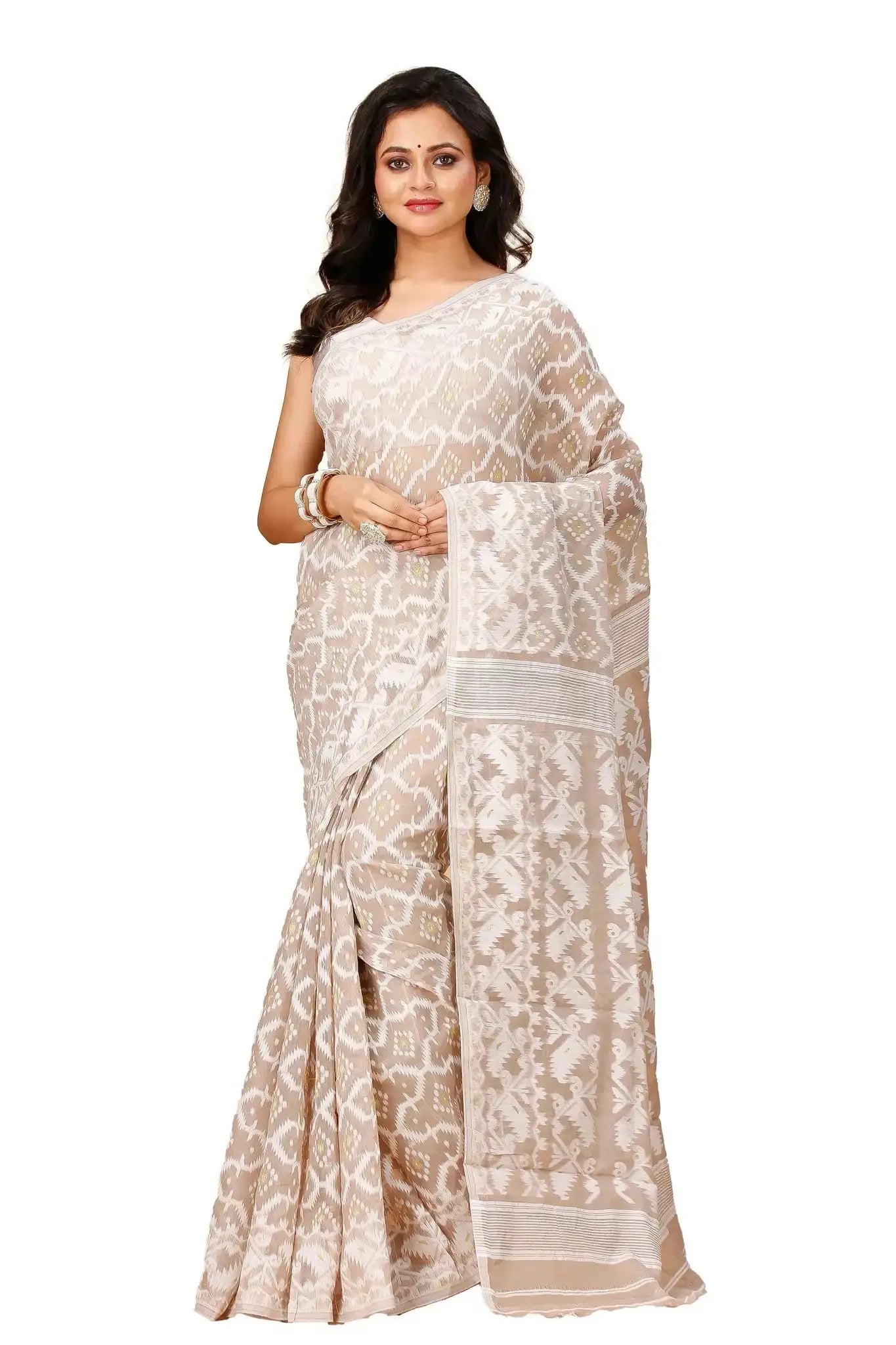 Elegant Olive Green- Bengal Handloom Ikat Print Soft Jamdani Saree