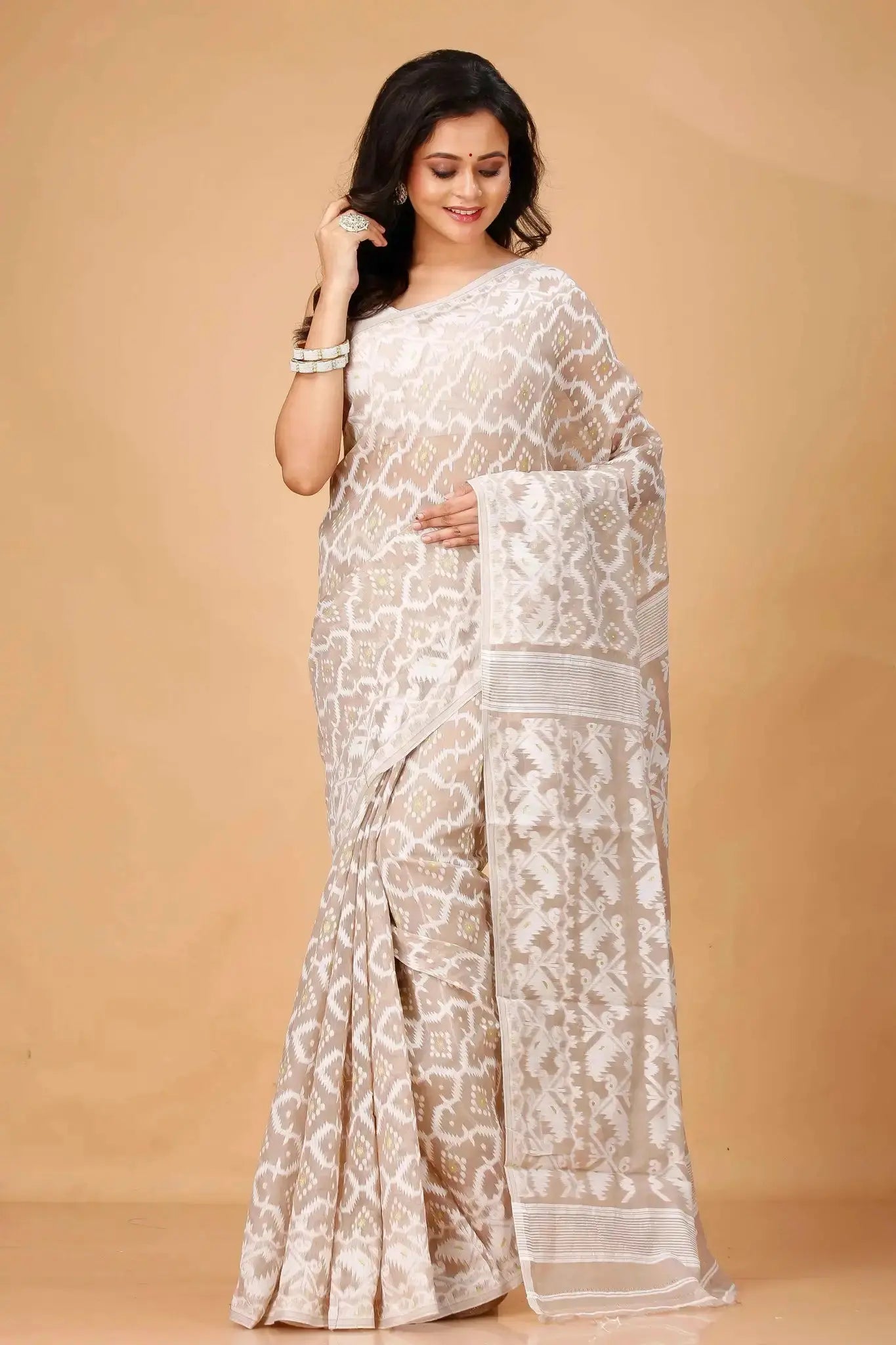 Elegant Olive Green- Bengal Handloom Ikat Print Soft Jamdani Saree