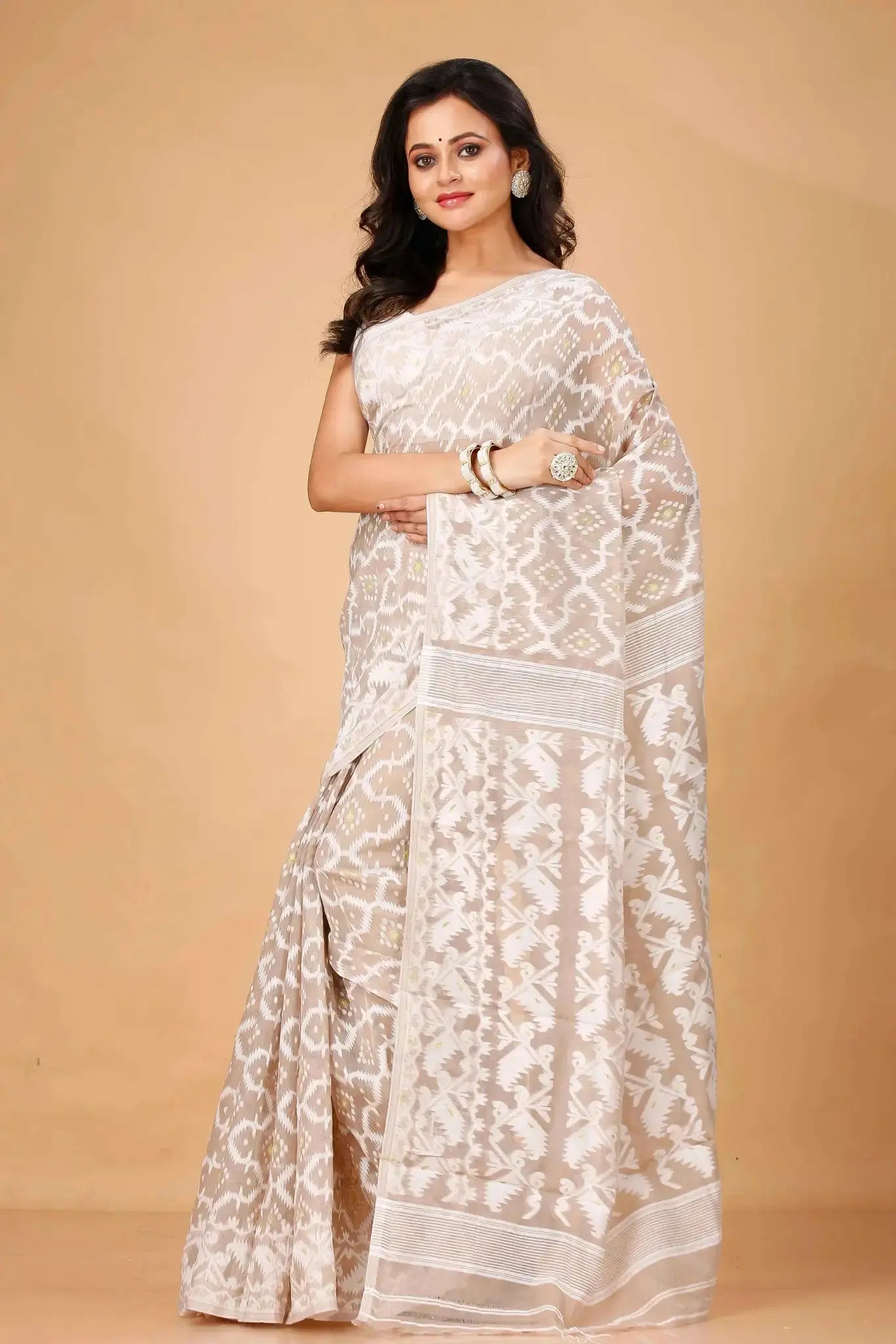Elegant Olive Green- Bengal Handloom Ikat Print Soft Jamdani Saree