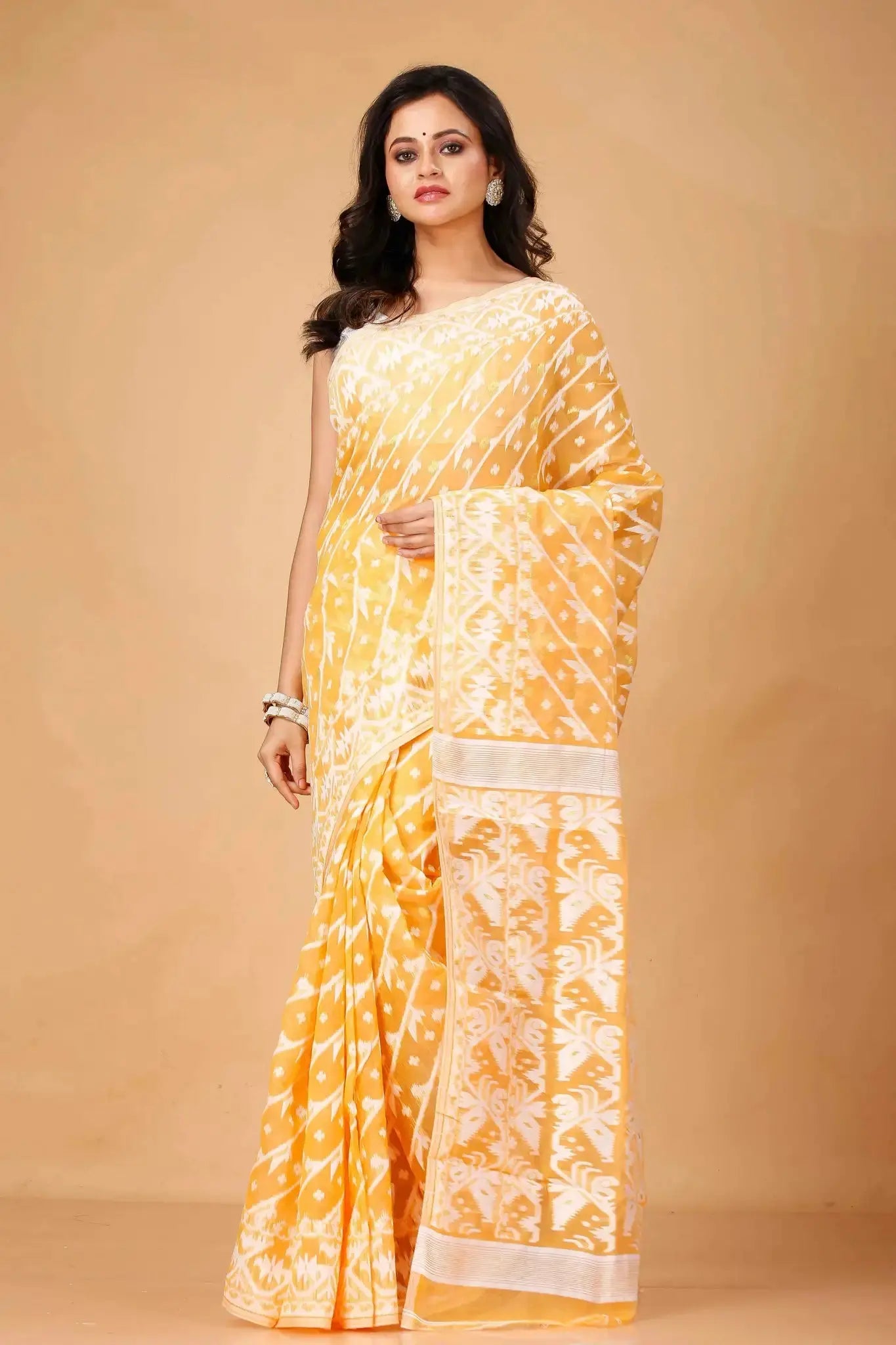 Saffron Mango- Bengal Handloom Festive Wear Ikat Soft Jamdani Saree