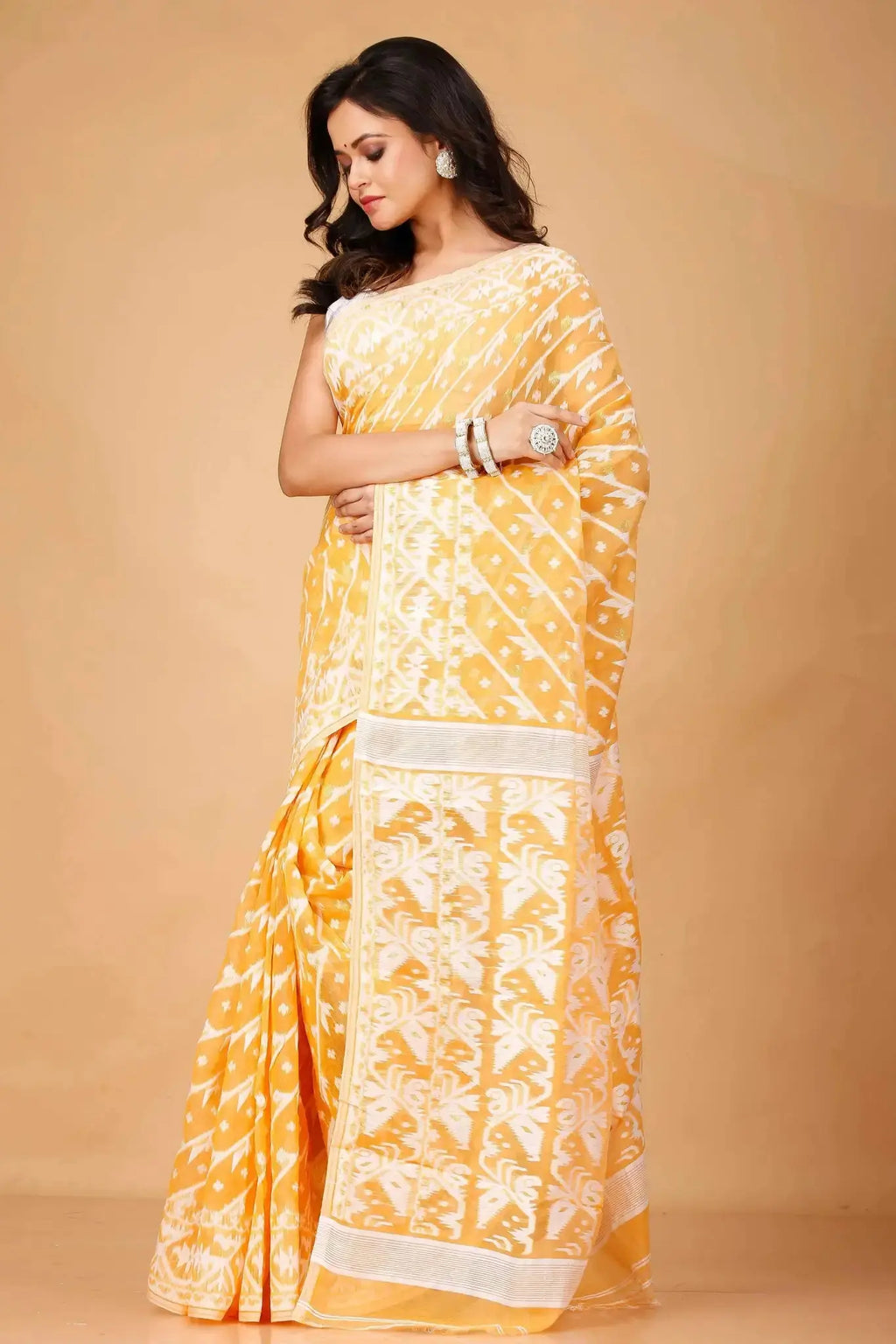 Saffron Mango- Bengal Handloom Festive Wear Ikat Soft Jamdani Saree