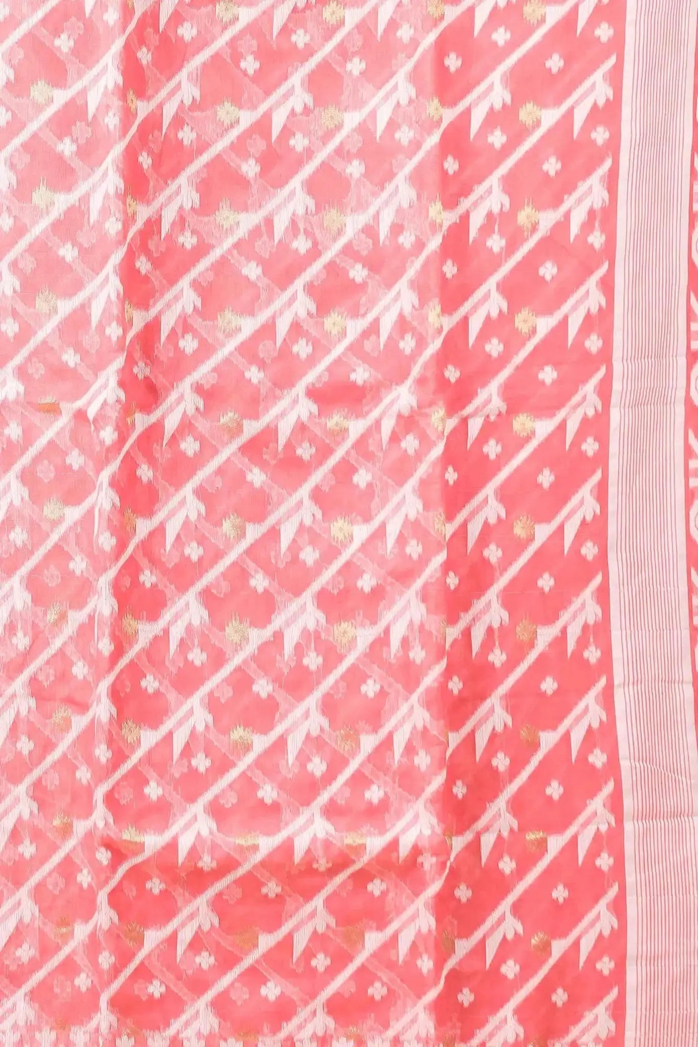 Coral Pink- Bengal Handloom Ikat Jamdani Soft Cotton Saree – Festive & Traditional Drape