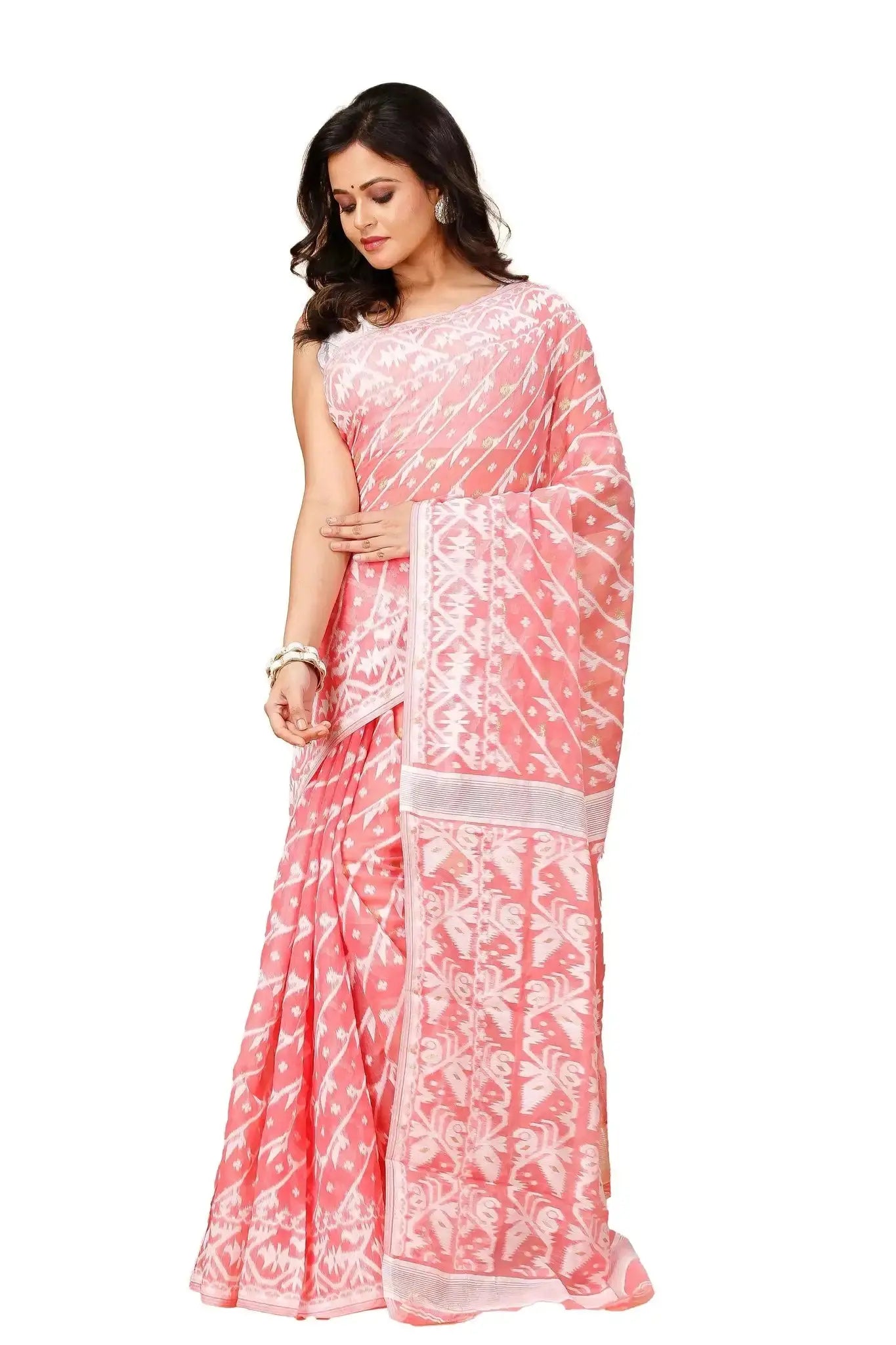 Coral Pink- Bengal Handloom Ikat Jamdani Soft Cotton Saree – Festive & Traditional Drape