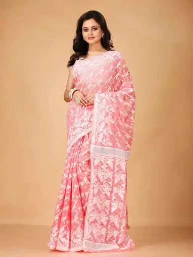 Coral Pink- Bengal Handloom Ikat Jamdani Soft Cotton Saree – Festive & Traditional Drape