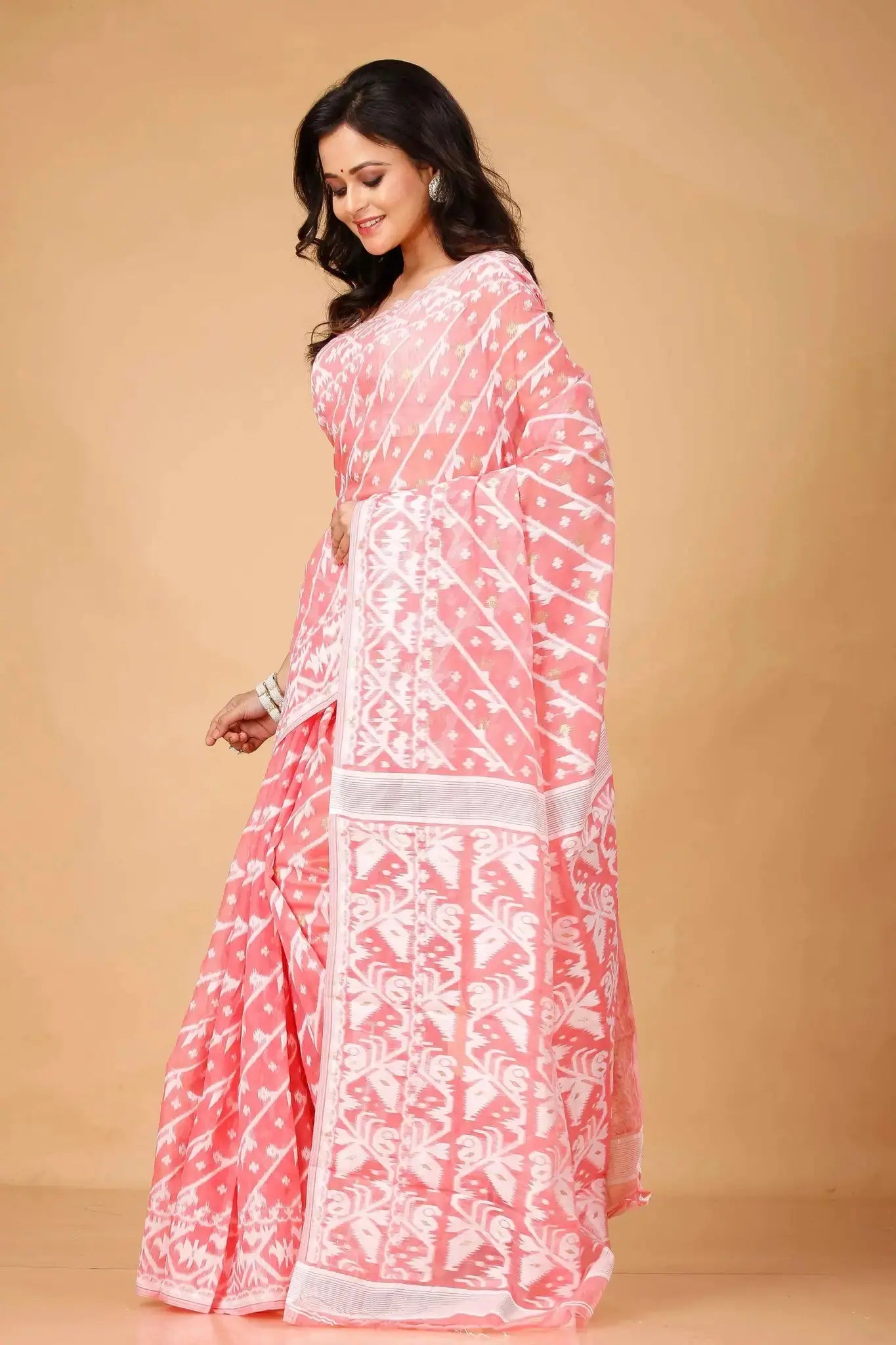 Coral Pink- Bengal Handloom Ikat Jamdani Soft Cotton Saree – Festive & Traditional Drape