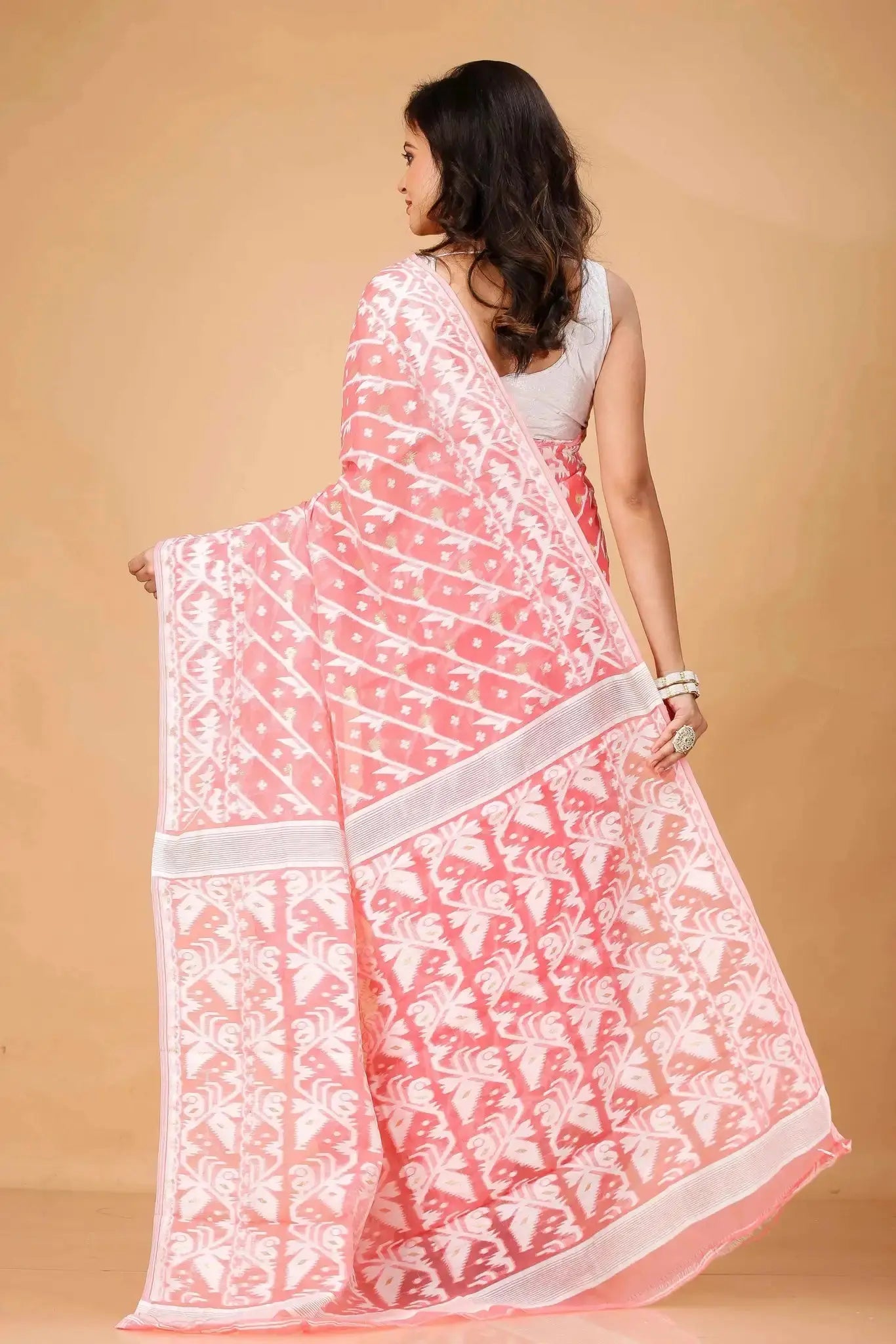 Coral Pink- Bengal Handloom Ikat Jamdani Soft Cotton Saree – Festive & Traditional Drape