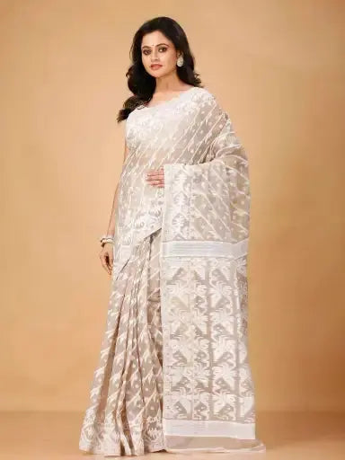 Pinkish Grey- Bengal Handloom Traditional Wear Soft Jamdani Saree