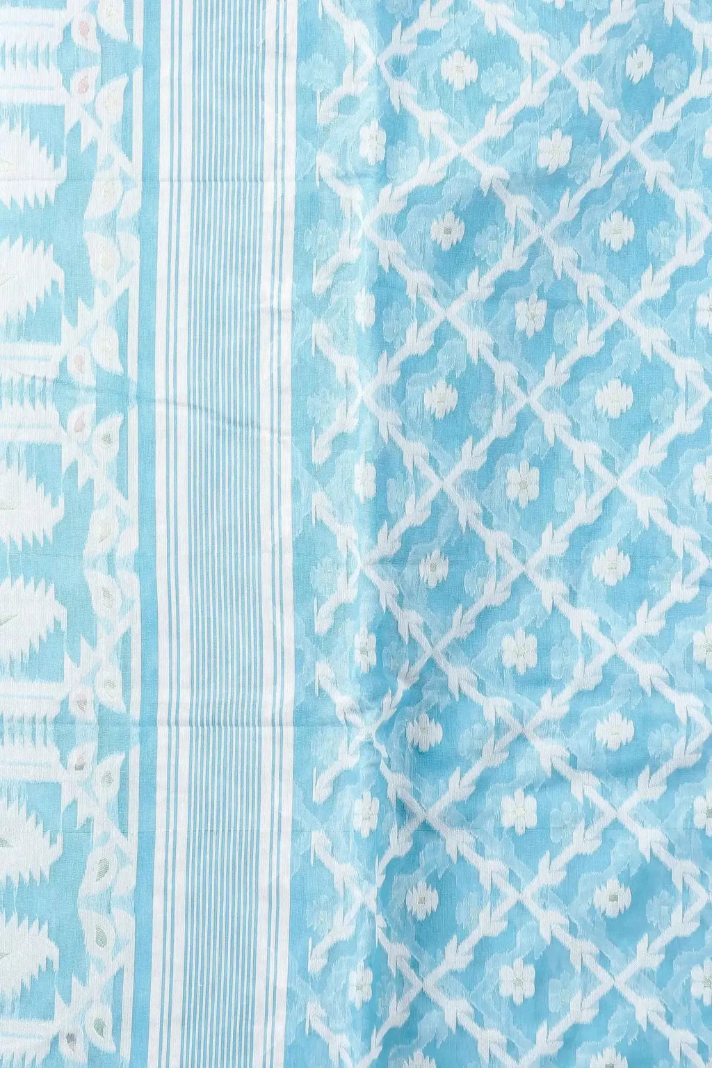 Carolina Blue- Bengal Handloom Ikat Print Soft Jamdani Saree