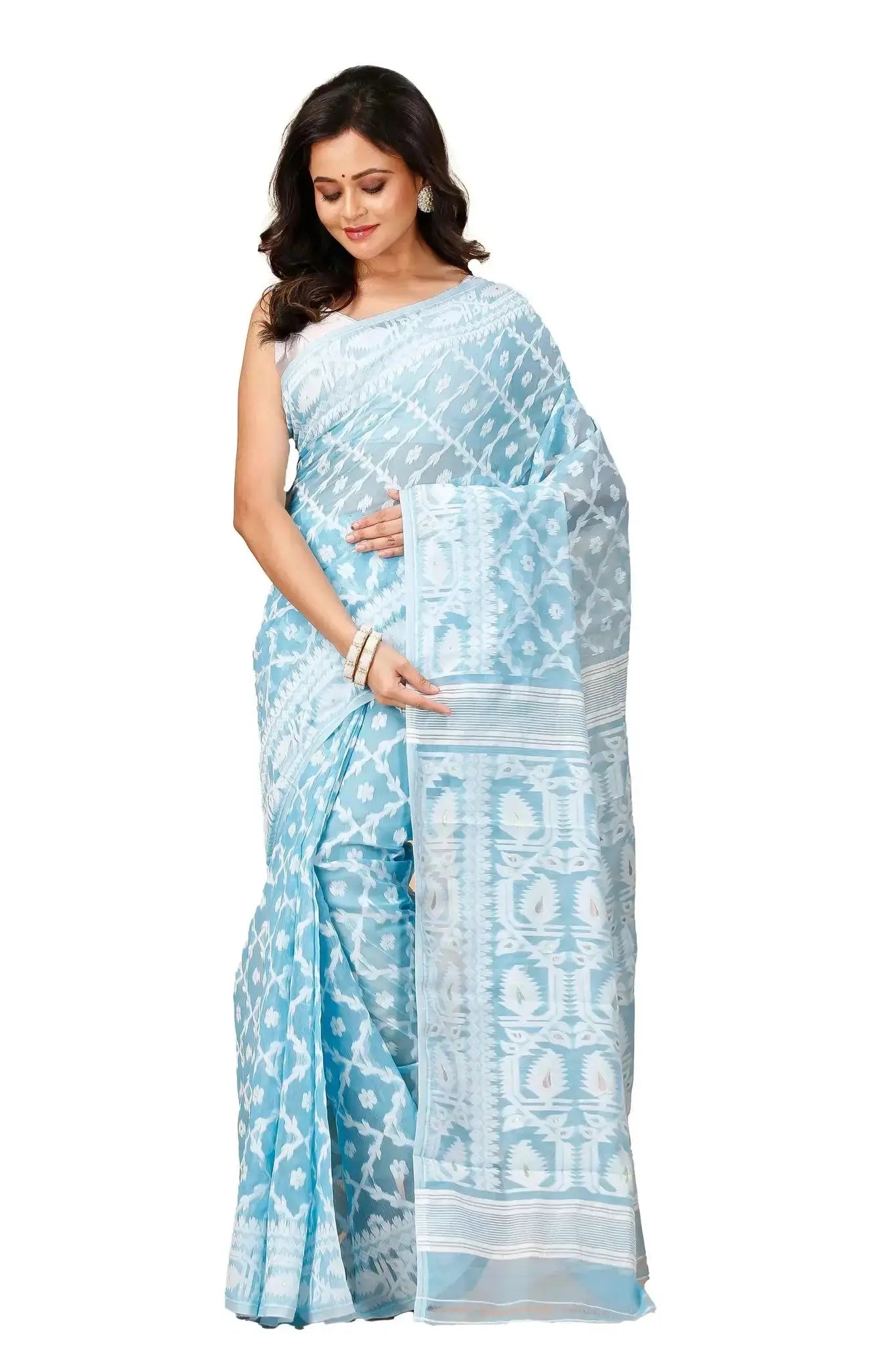 Carolina Blue- Bengal Handloom Ikat Print Soft Jamdani Saree