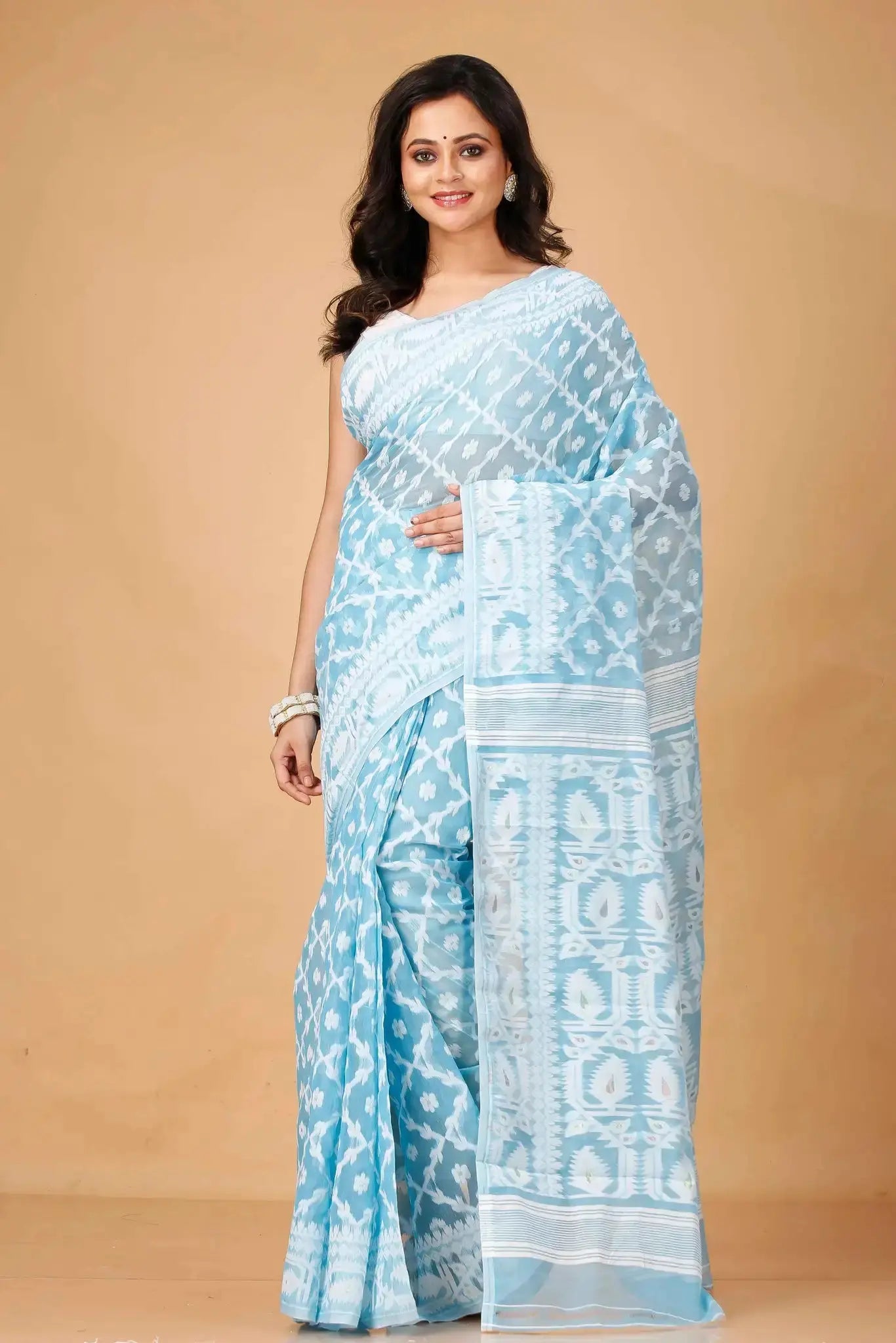 Carolina Blue- Bengal Handloom Ikat Print Soft Jamdani Saree