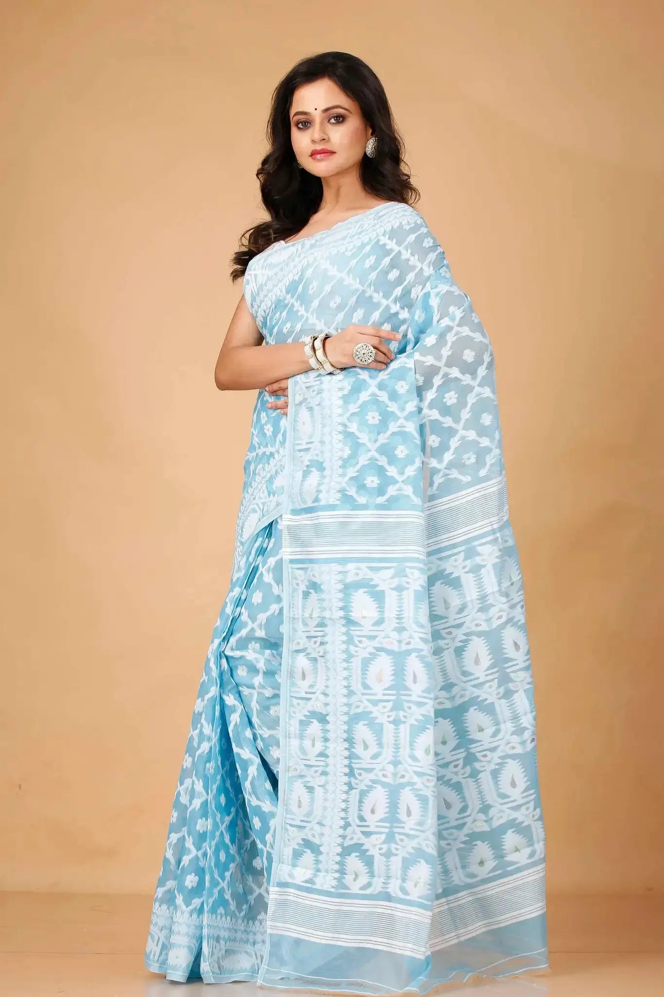 Carolina Blue- Bengal Handloom Ikat Print Soft Jamdani Saree