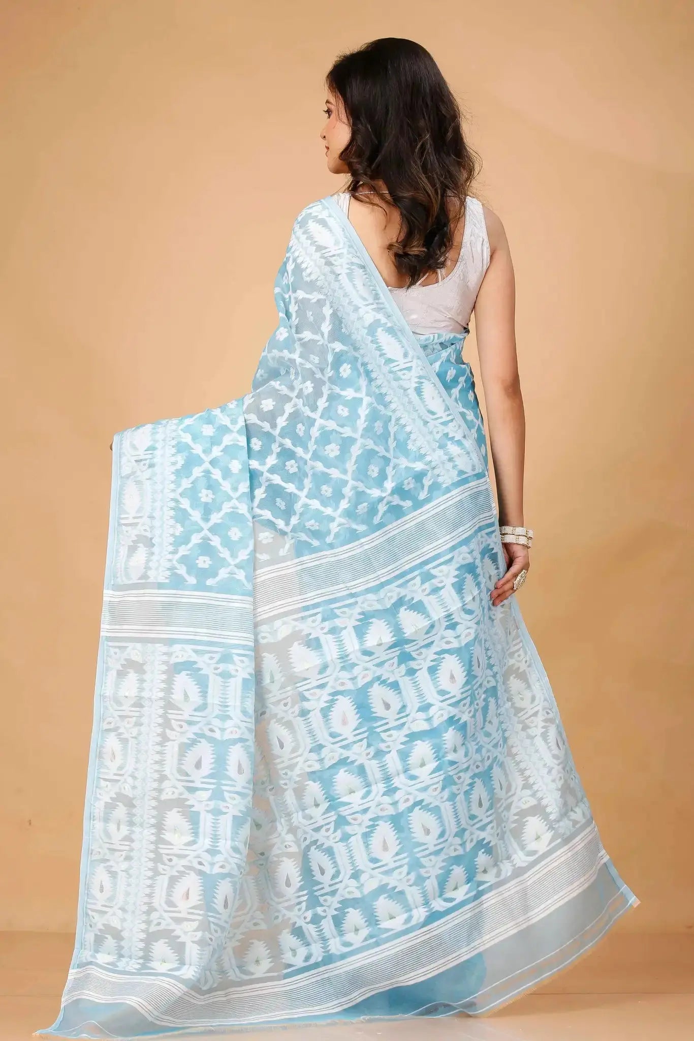 Carolina Blue- Bengal Handloom Ikat Print Soft Jamdani Saree